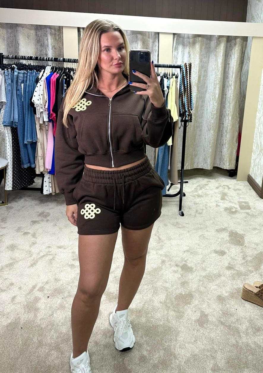 Oversized Waist Cinching Zip Up Hoodie & Shorts Knot Logo Co Ord - Chocolate Brown
