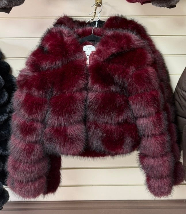 Burgundy Faux Fur Zip Jacket with Hood