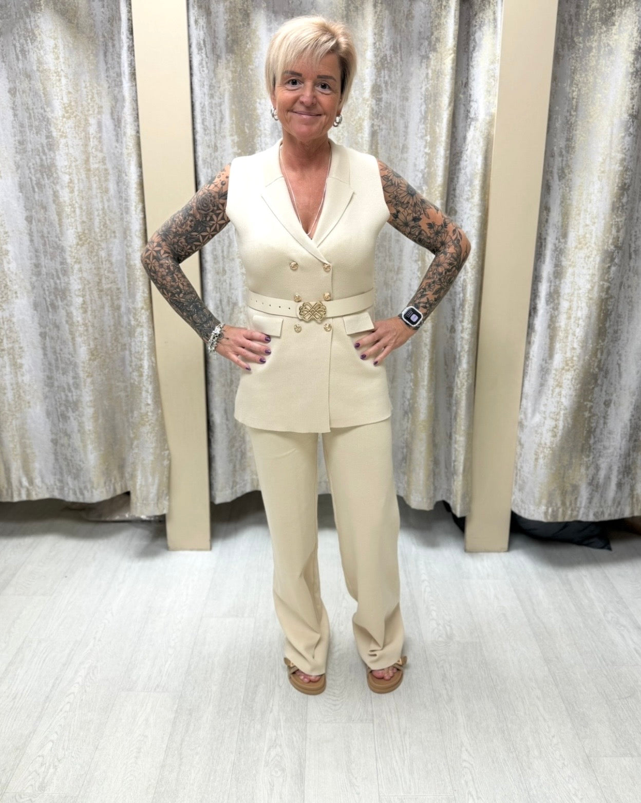 LUXE Gold Button & Belt Detail Waistcoat & Trousers Co Ord - Beige