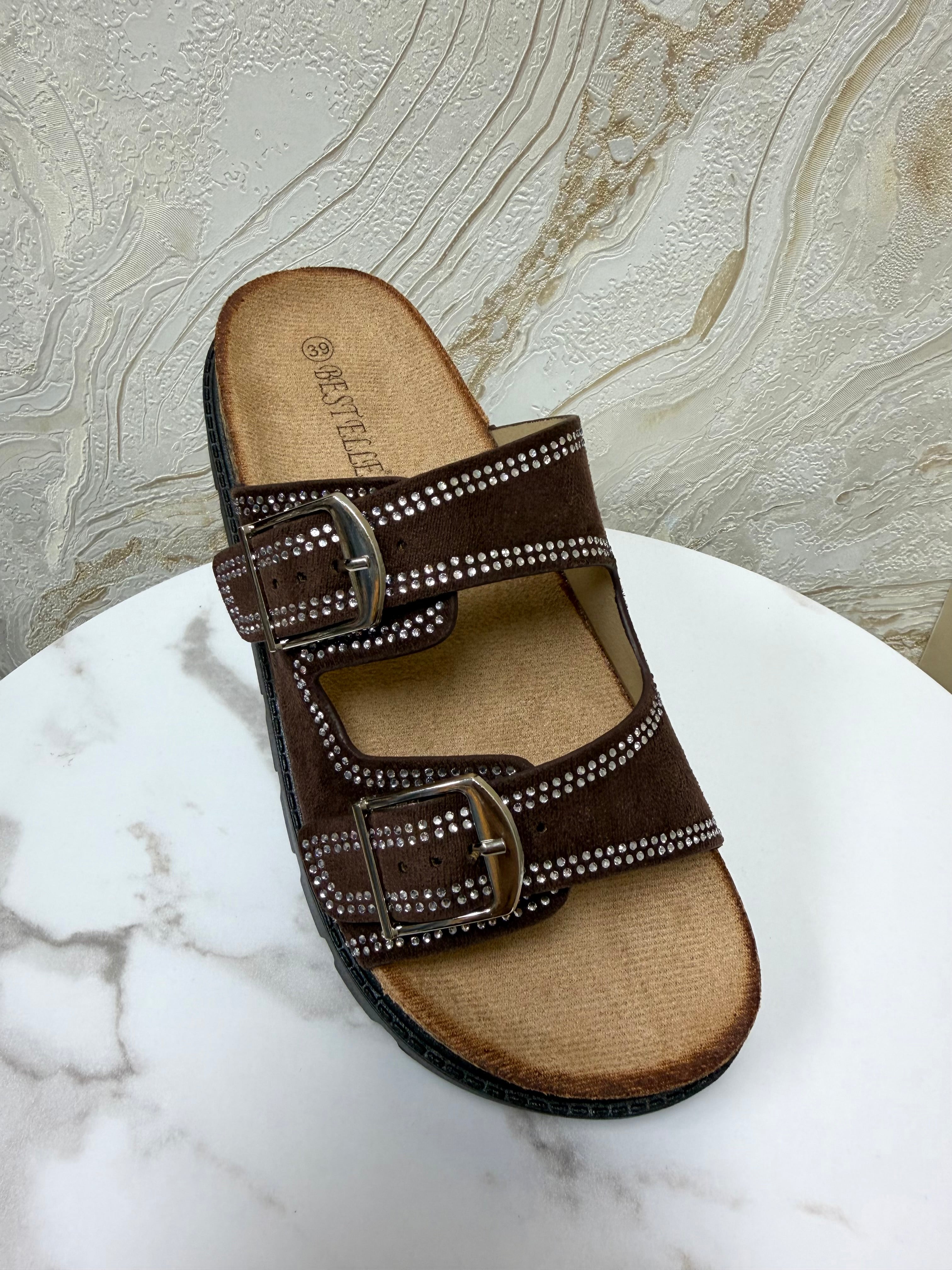Diamanté Suede Buckle Slider - Chocolate Brown