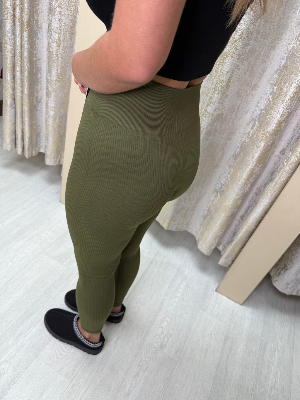 High Waisted Shaping Ribbed Leggings - Khaki
