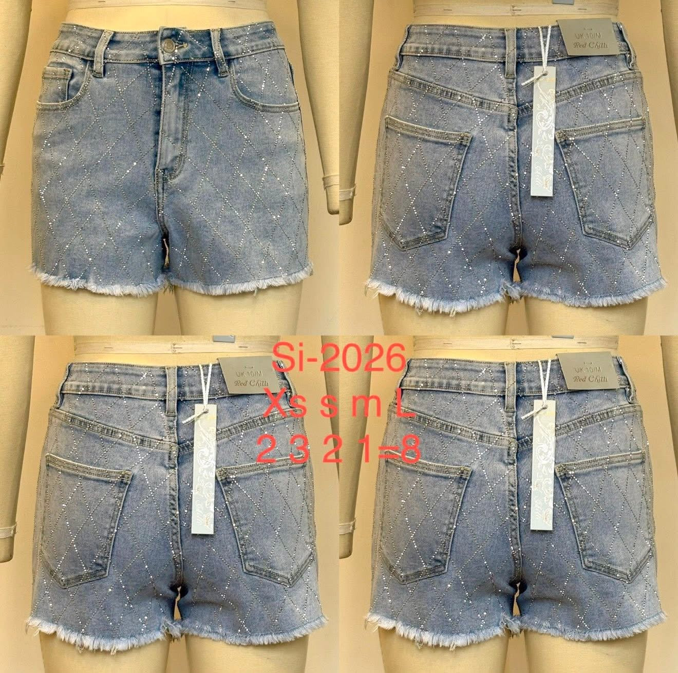 Diamond Detail Diamanté Stretchy Denim Shorts with Frayed Hem