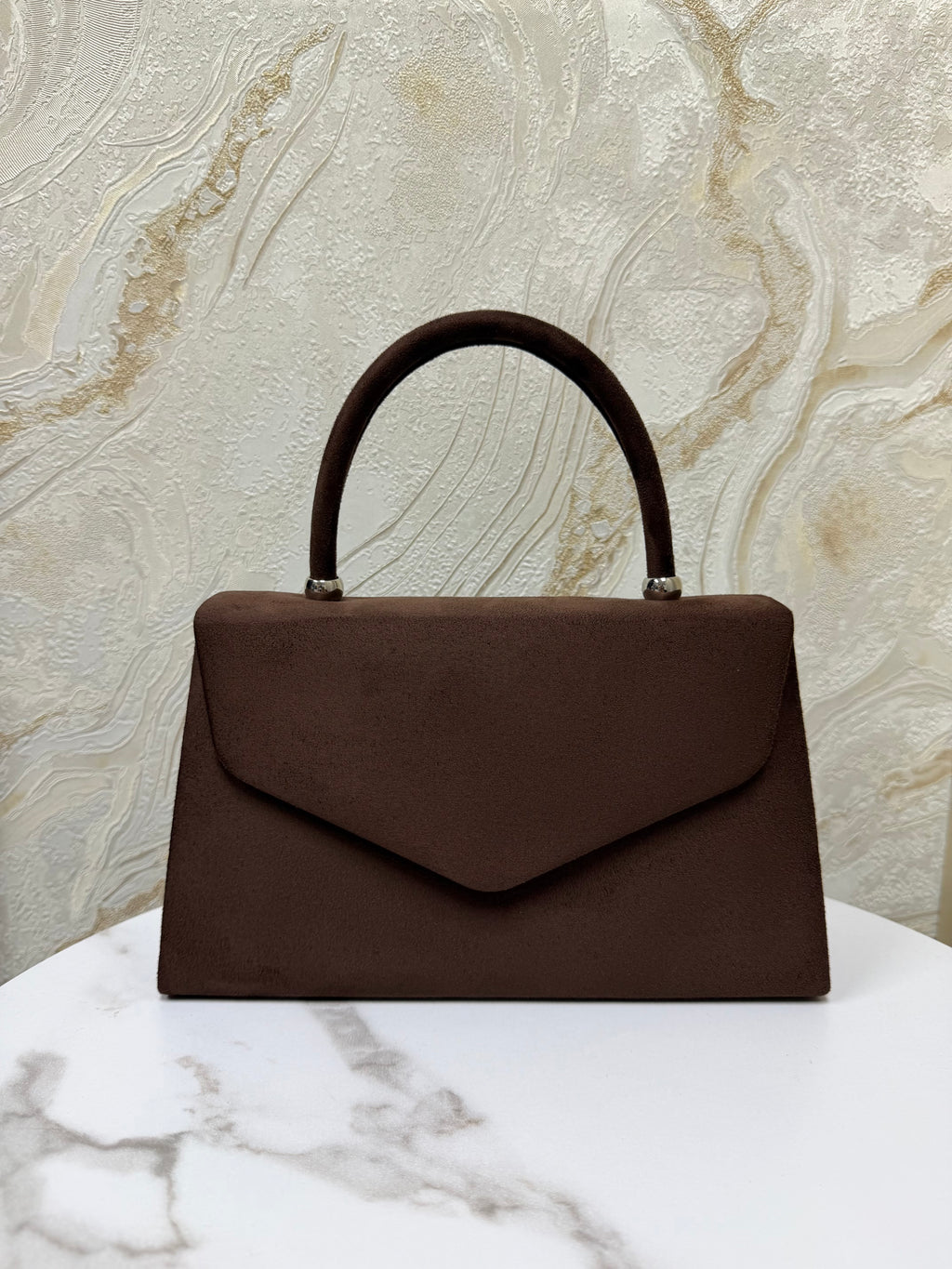 Top Handle Suede Envelope Bag - Chocolate Brown