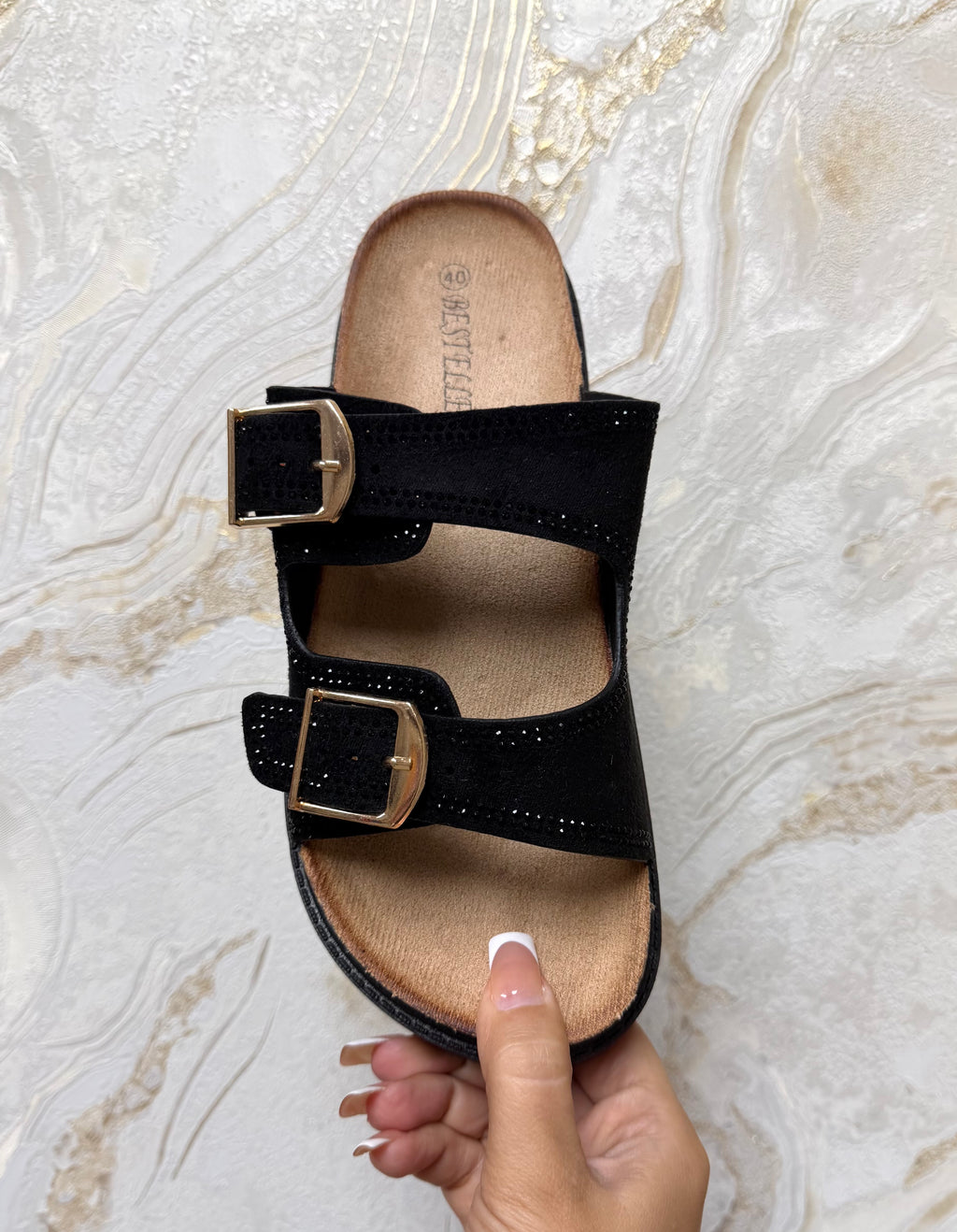 Diamanté Buckle Sliders - Black