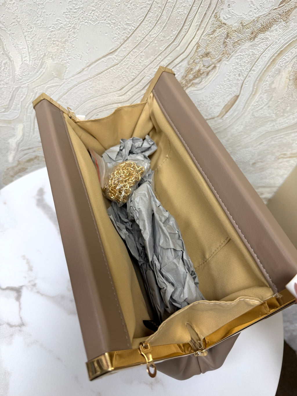 Greige Clutch Bag With Gold Detail - Comes With Shoulder Chain