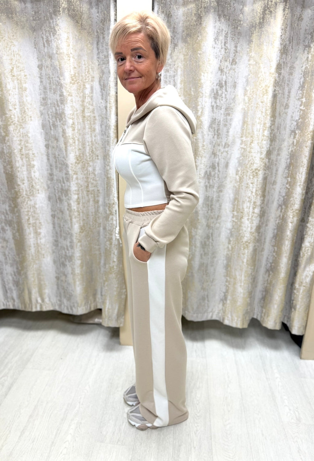 Corset Zip Up Two Tone Detail Hooded Jacket & Joggers Co Ord - Beige & White