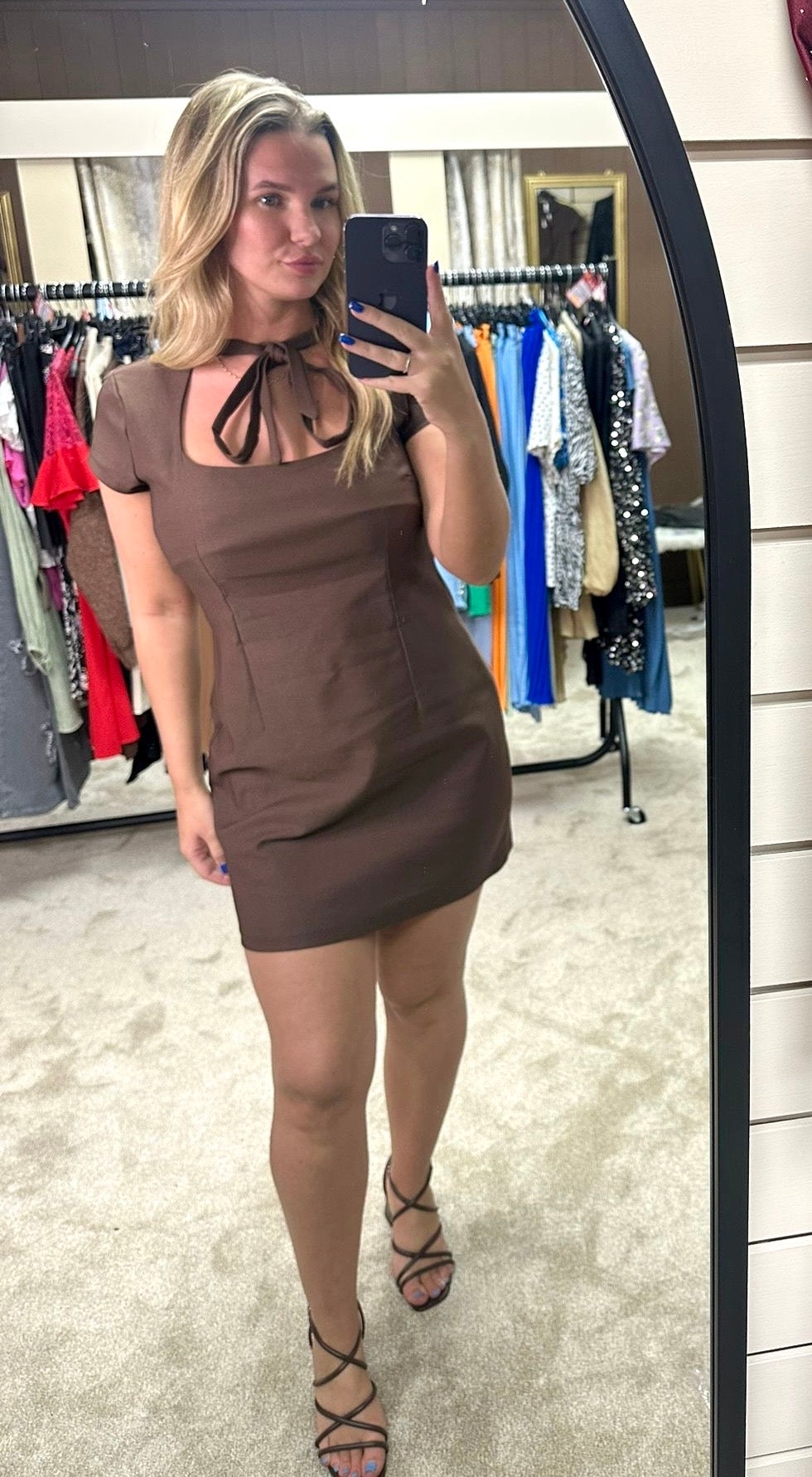 Square Neckline Tie Detail Stretchy Dress