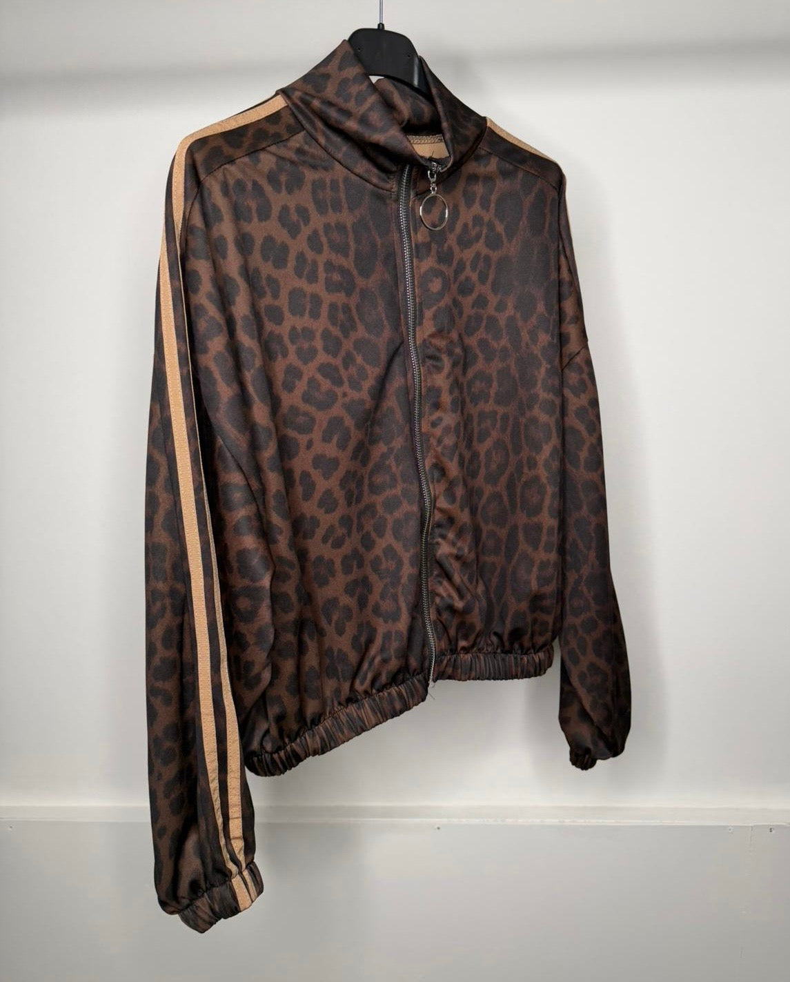 Leopard Print Stripe Detail Elasticated Zip Up Jacket