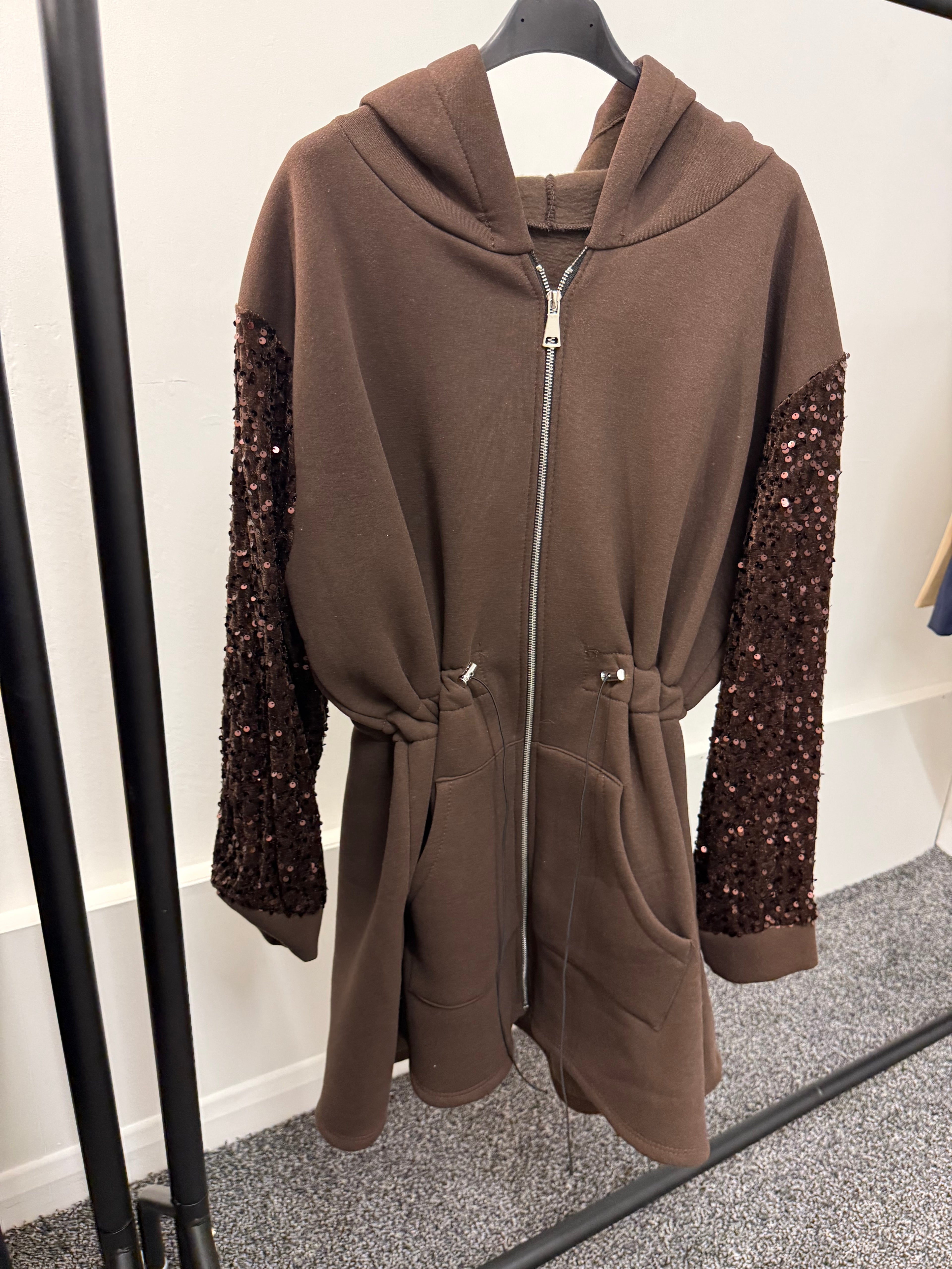 Fleece Lined Sequin Sleeve Waist Cinching Jackets