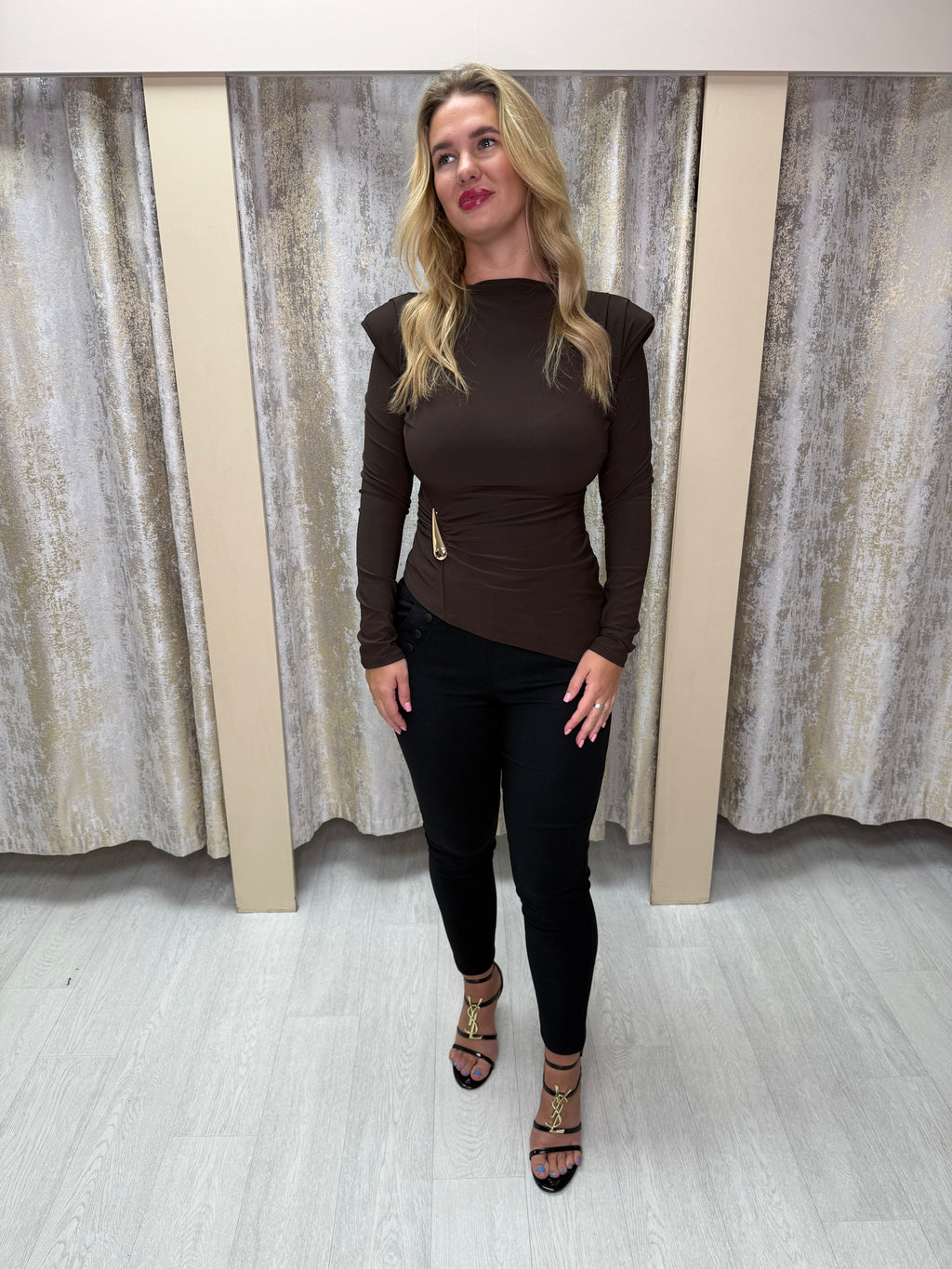 Asymmetric Side Split Long Sleeve Buckle Top with Shoulder Pads & Ruched Detailing