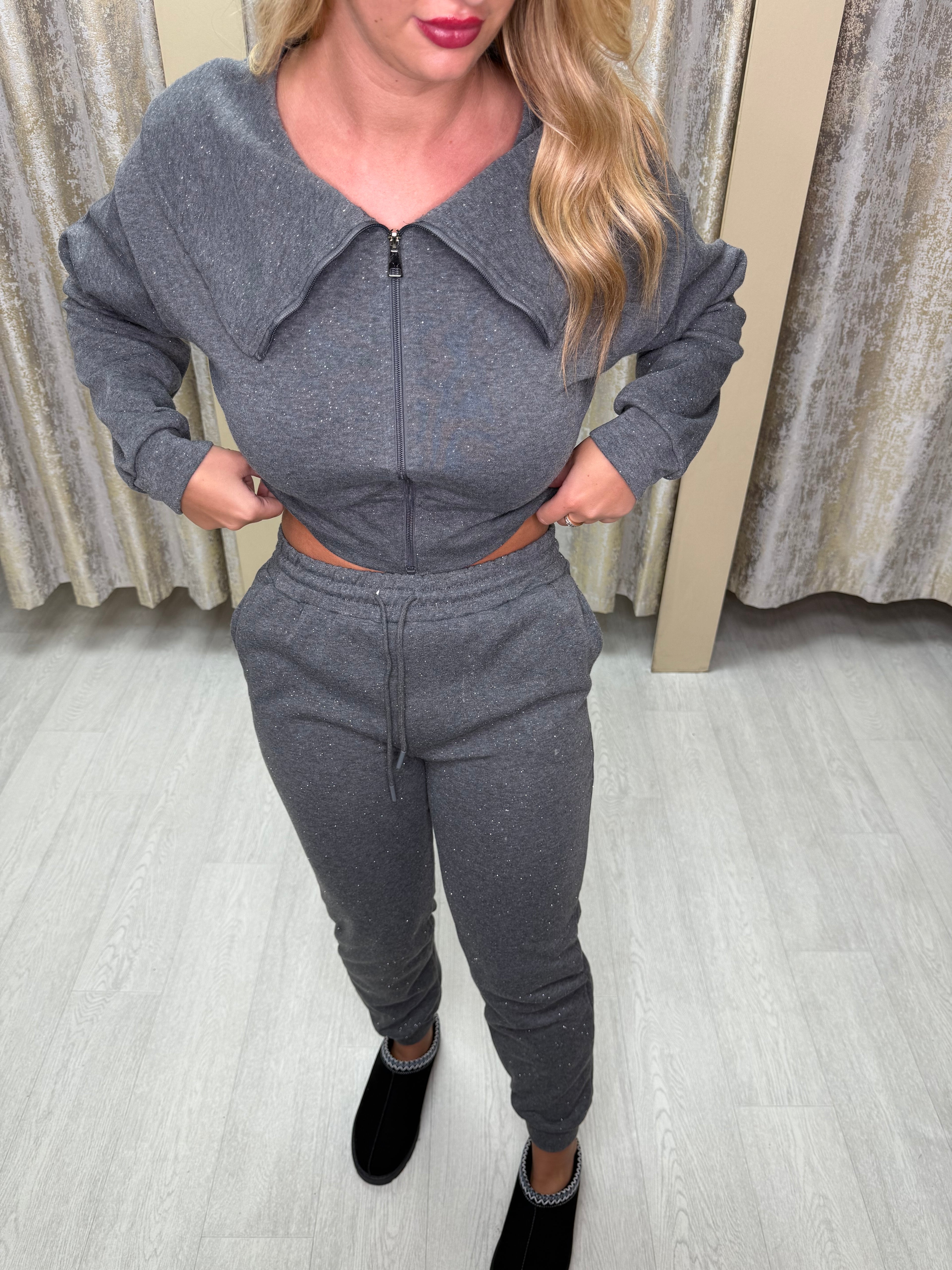 Cinched Waist & Oversized Collar Fine Glitter Cuffed Tracksuit - Charcoal