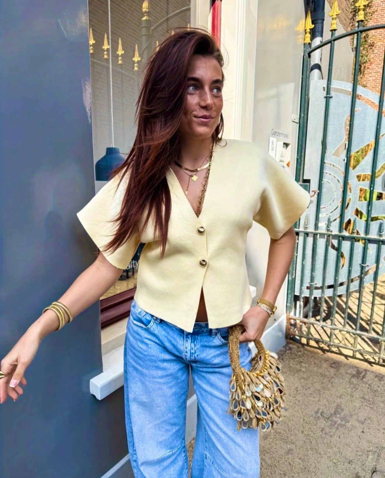 Elegant Front Gold Buckle Cap Sleeve V Neck Top - Lemon