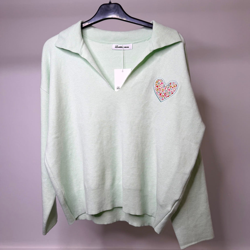 Floral Print Embroidered Heart Detail Collared Sweatshirt
