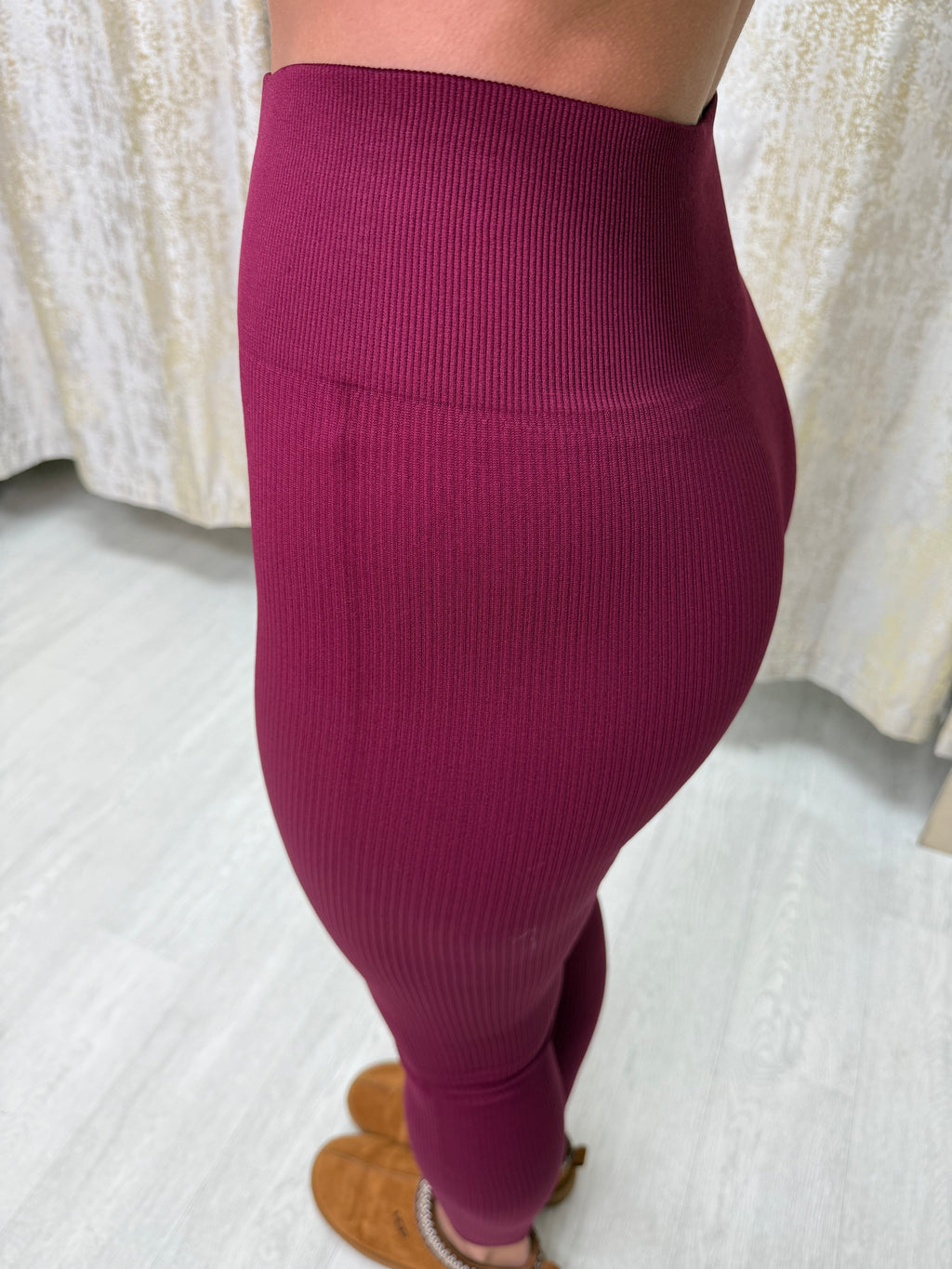 High Waisted Shaping Ribbed Leggings - Burgundy