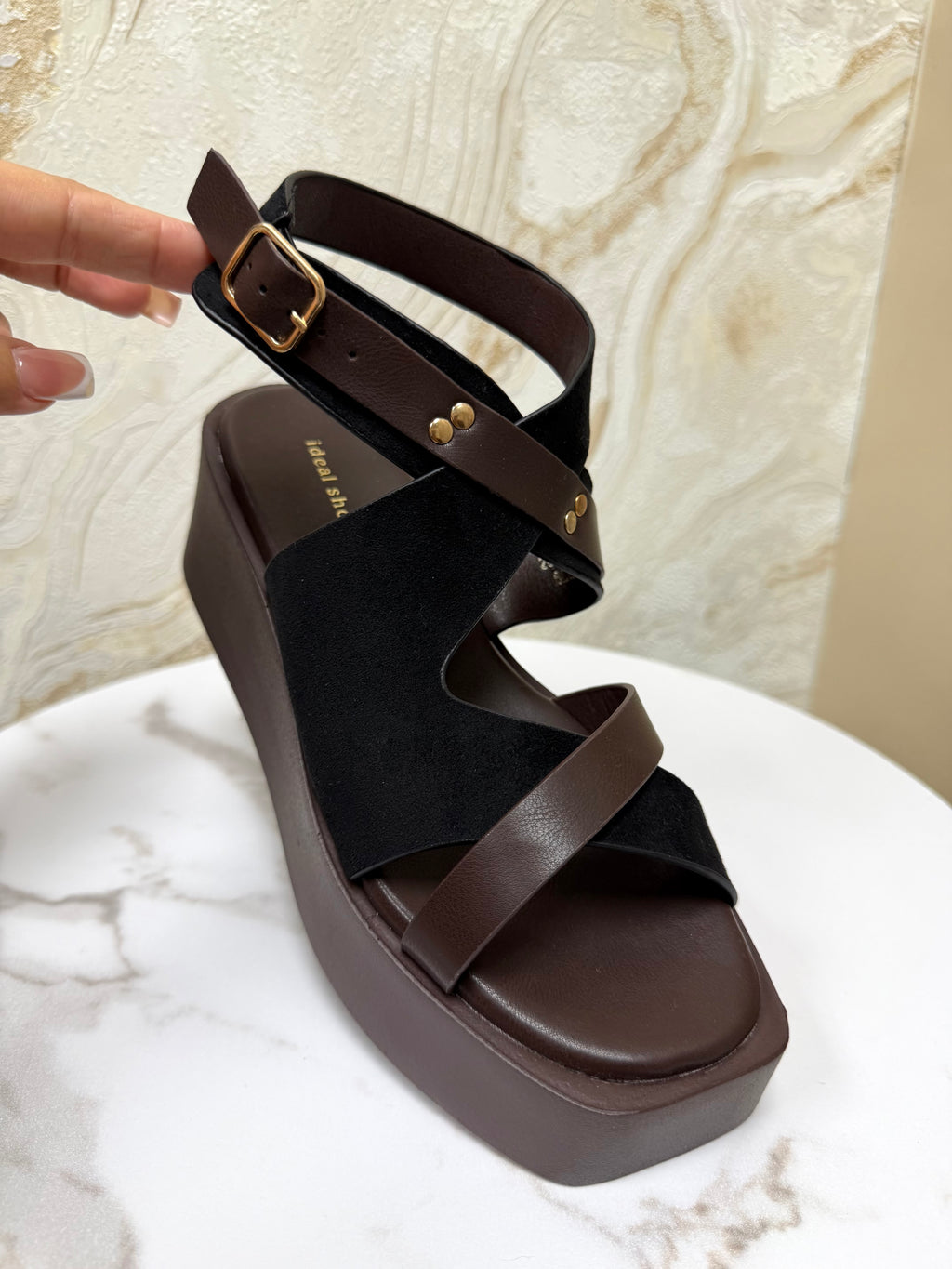 Faux Suede Strappy Flatform Wedge Sandals - Black & Brown