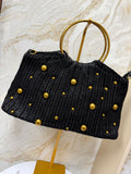 Gold Ring Handle Boho Woven Bag - Black