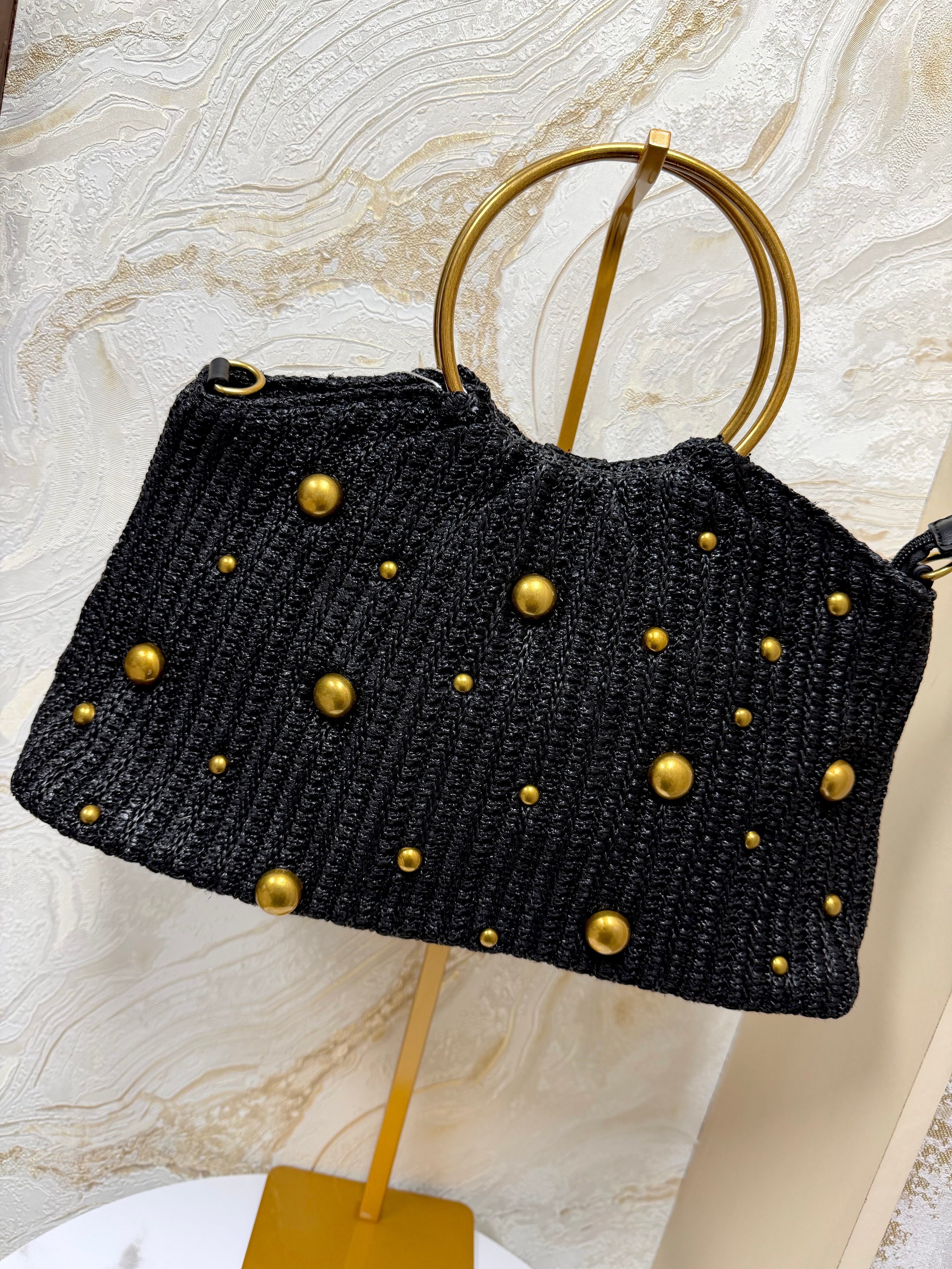 Gold Ring Handle Boho Woven Bag - Black