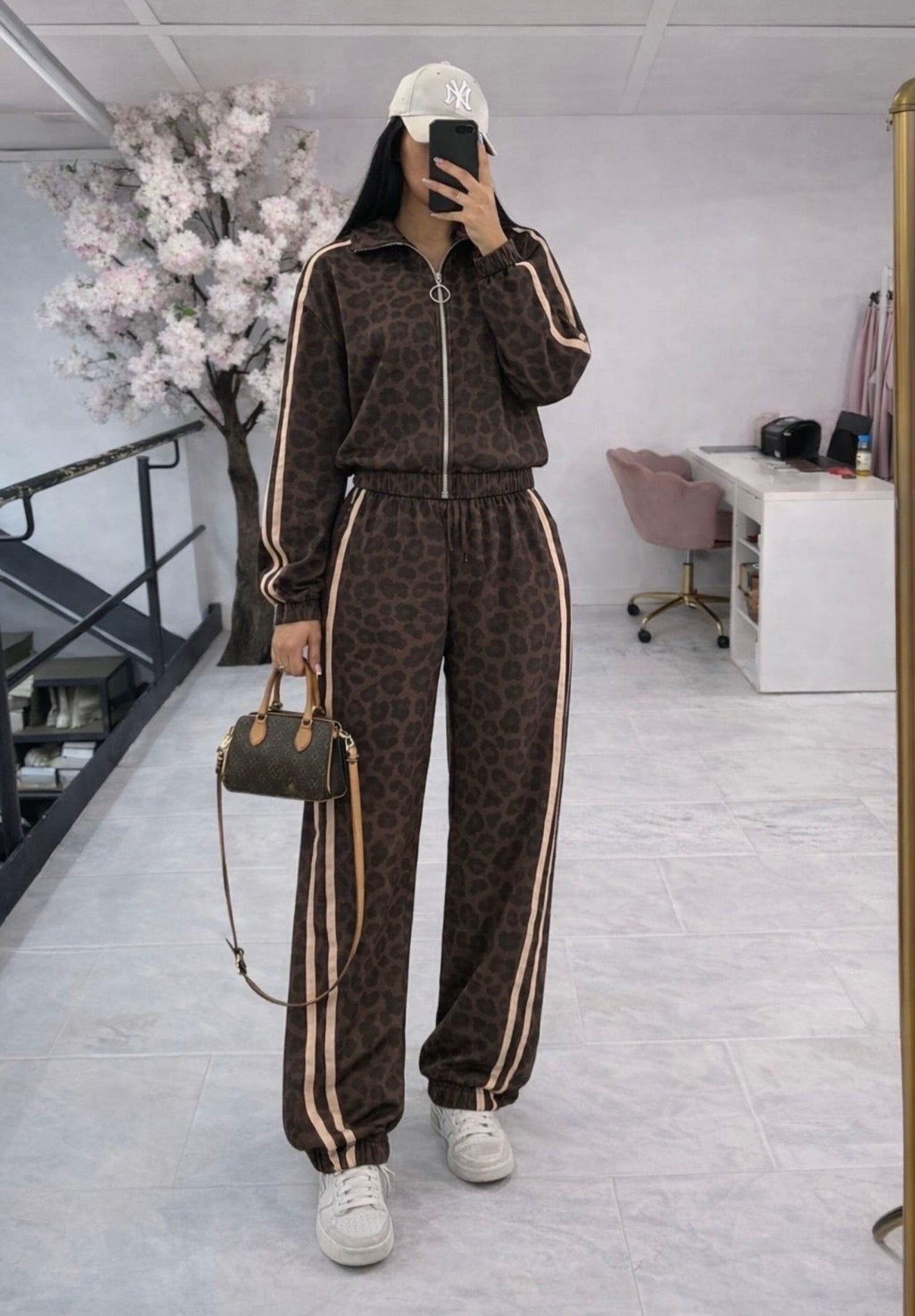 Leopard Print Stripe Detail Elasticated Zip Up Jacket