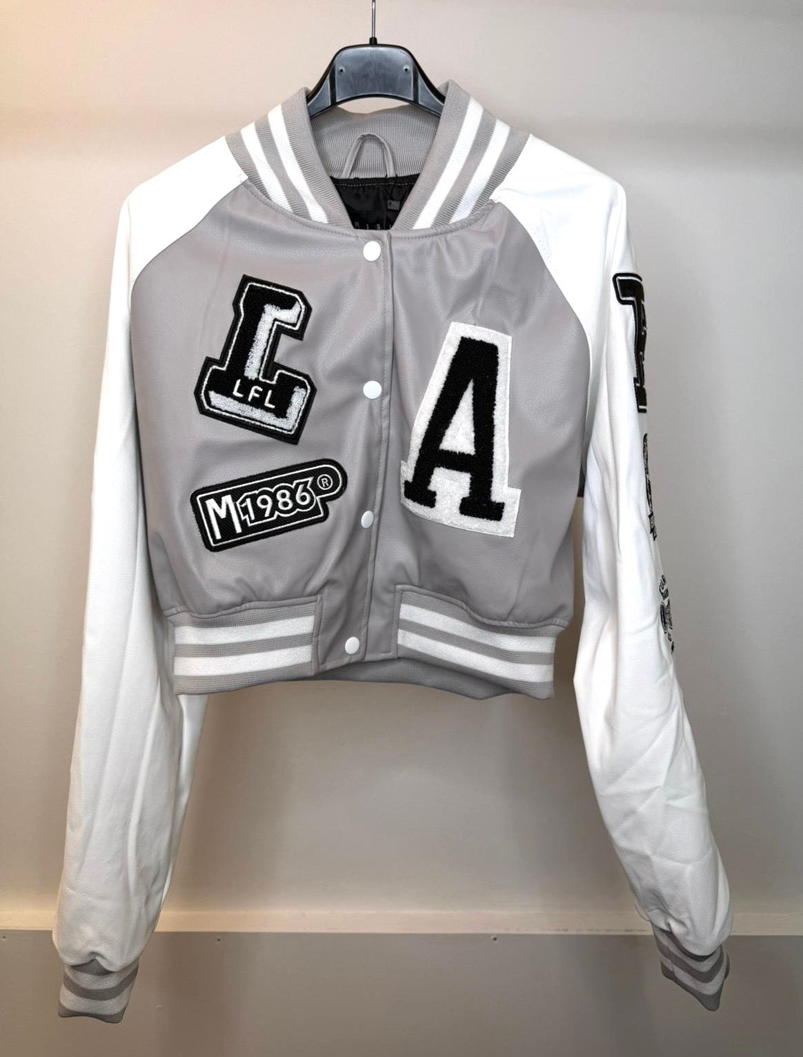 Cropped LA Bomber Jacket - Grey Faux Leather