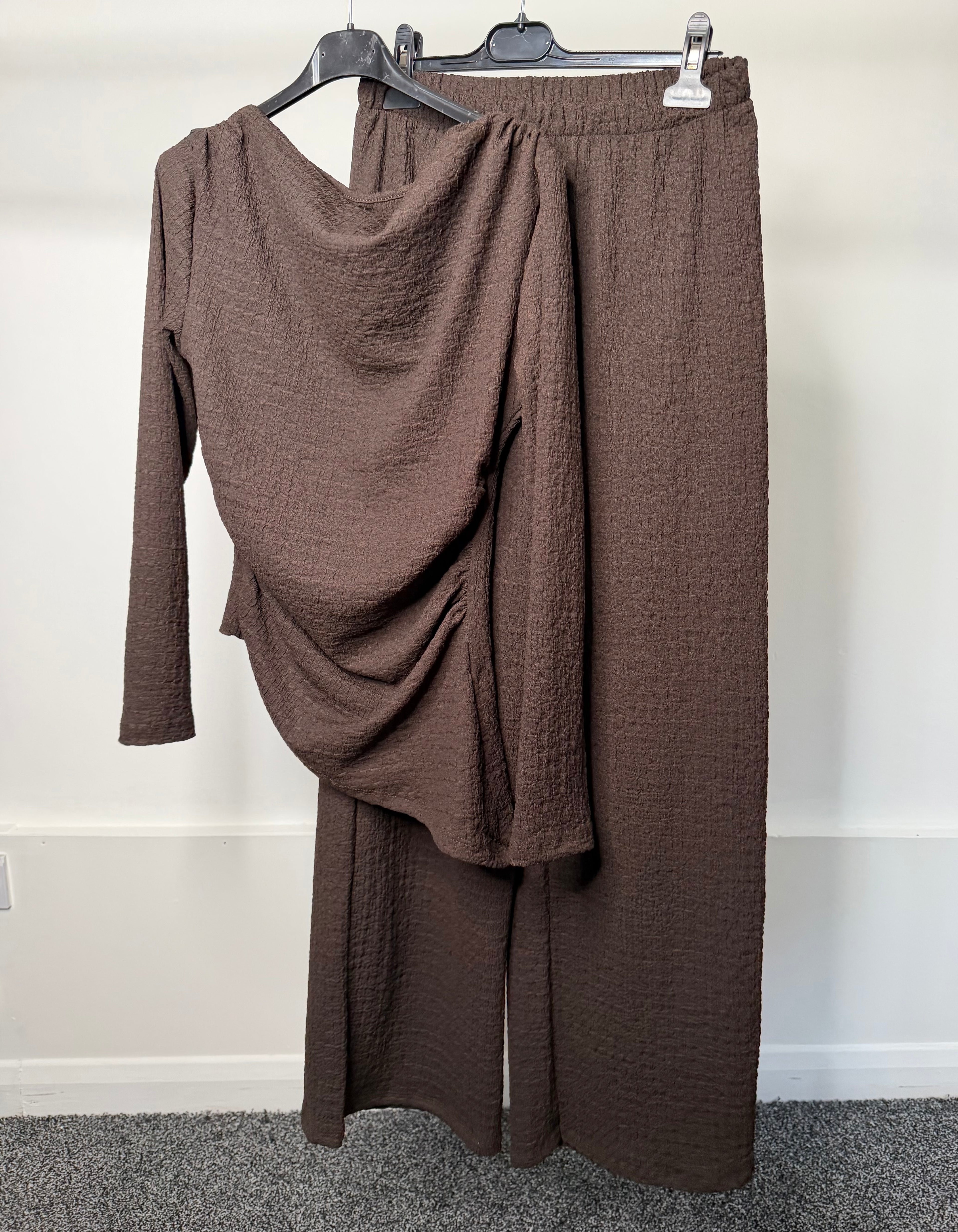 Ruched Detail Waist Cinching Cheesecloth Asymmetrical Long Sleeve Top & Trouser Co Ord