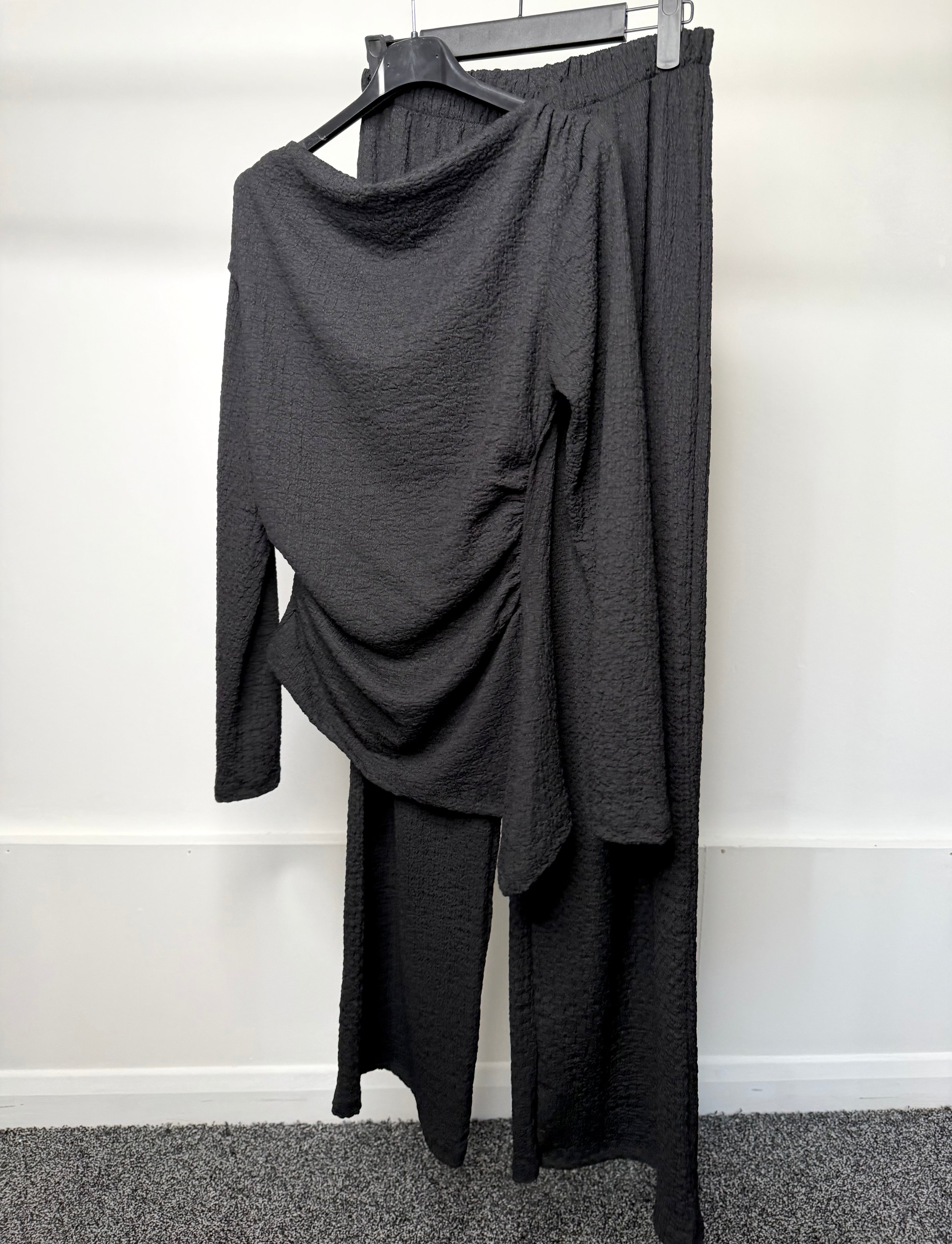 Ruched Detail Waist Cinching Cheesecloth Asymmetrical Long Sleeve Top & Trouser Co Ord