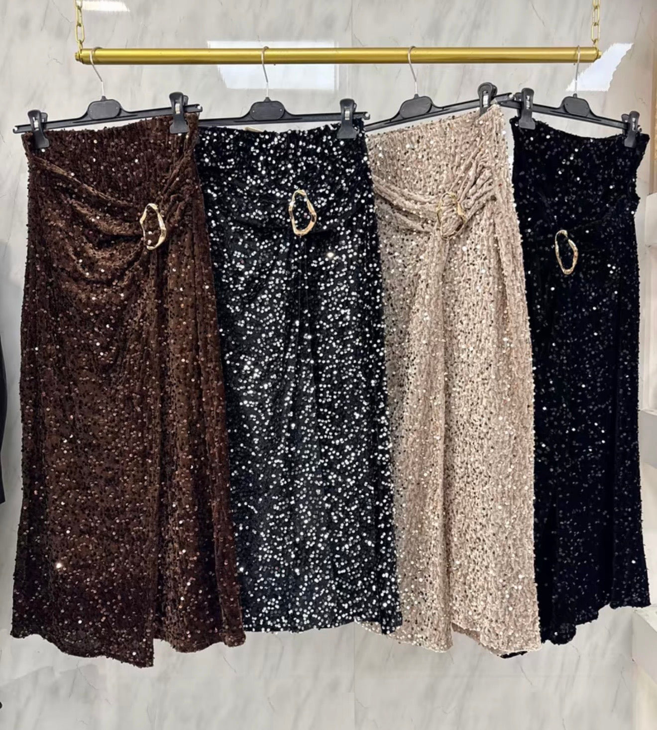 Gold Buckle Velvet Sequin Wrap Midi Skirt