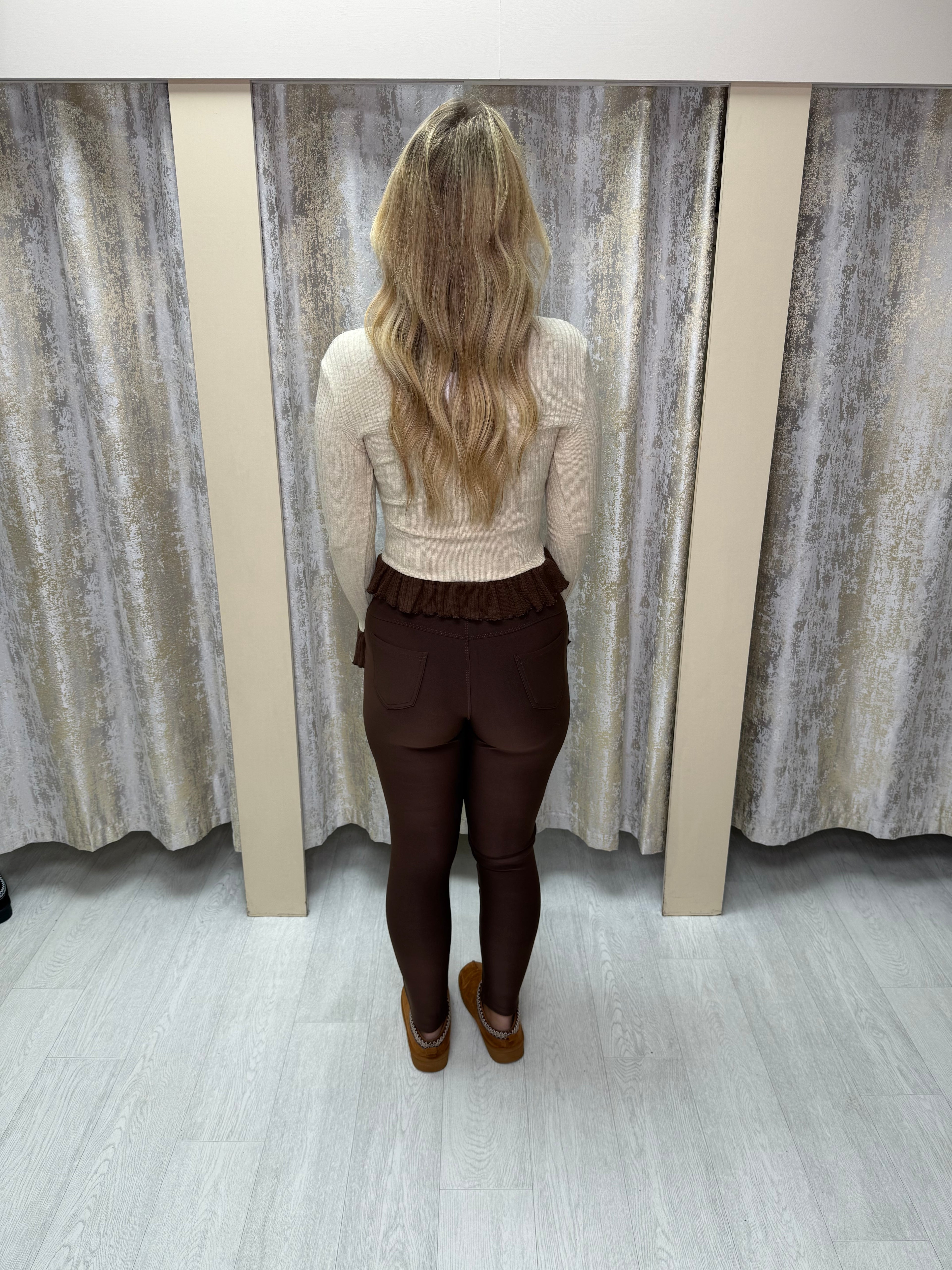 Diamanté Detail High Waisted Shaping Leggings with Pockets - Chocolate Brown