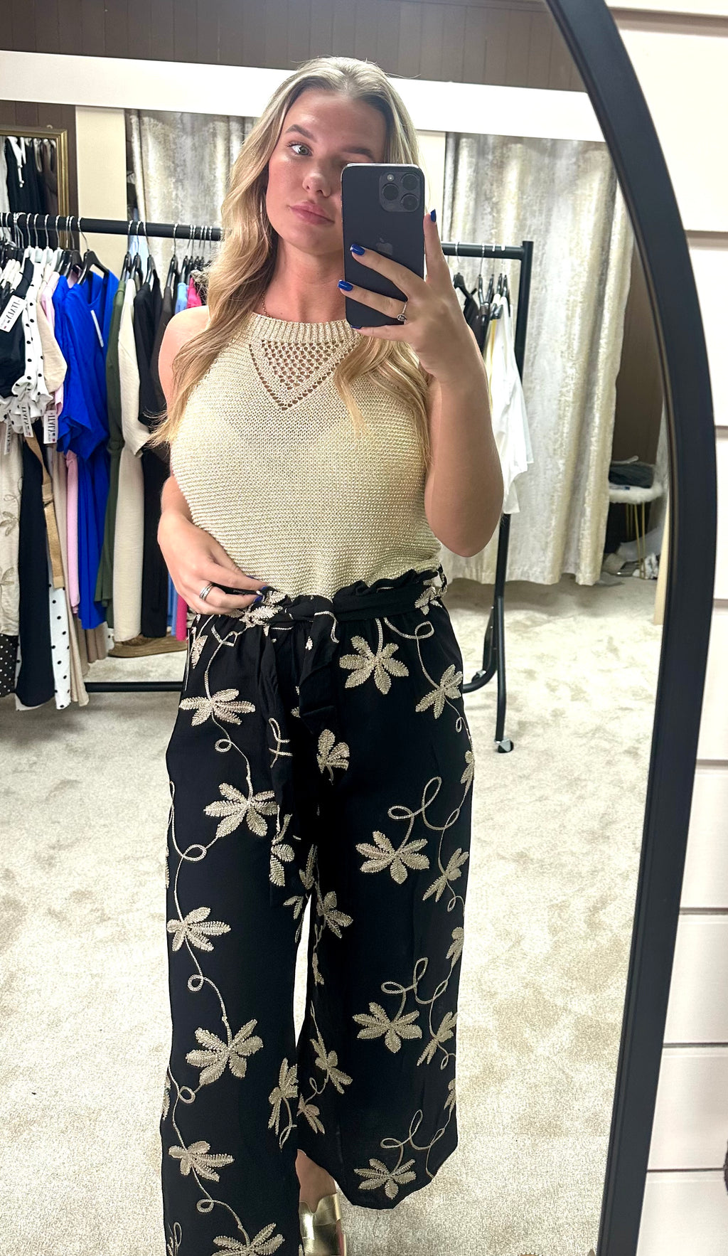 Metallic Gold Embroidered Linen Trousers With Ruffle Detail Waistband