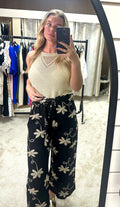 Metallic Gold Embroidered Linen Trousers With Ruffle Detail Waistband