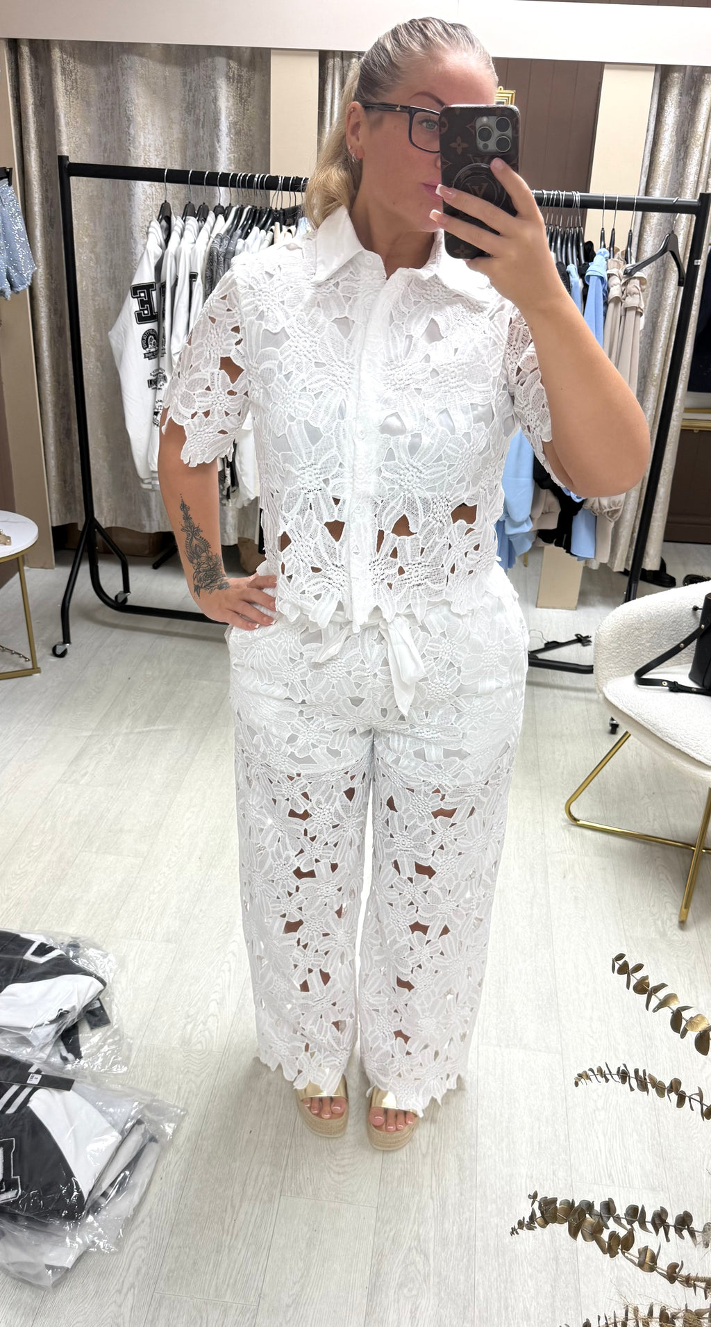 LUXE Lace Crochet Shirt & Bow Belted Trousers Co Ord