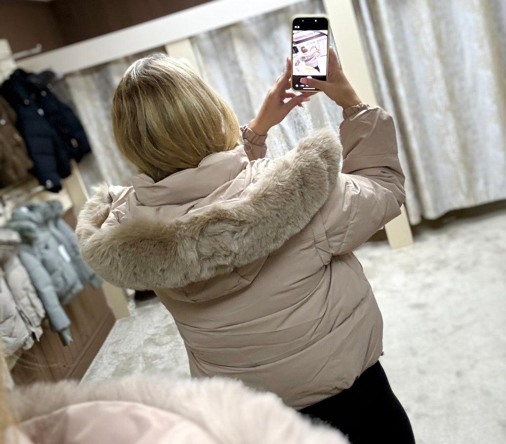 Luxe Faux Fur Gold Zip Detail Coat - Beige