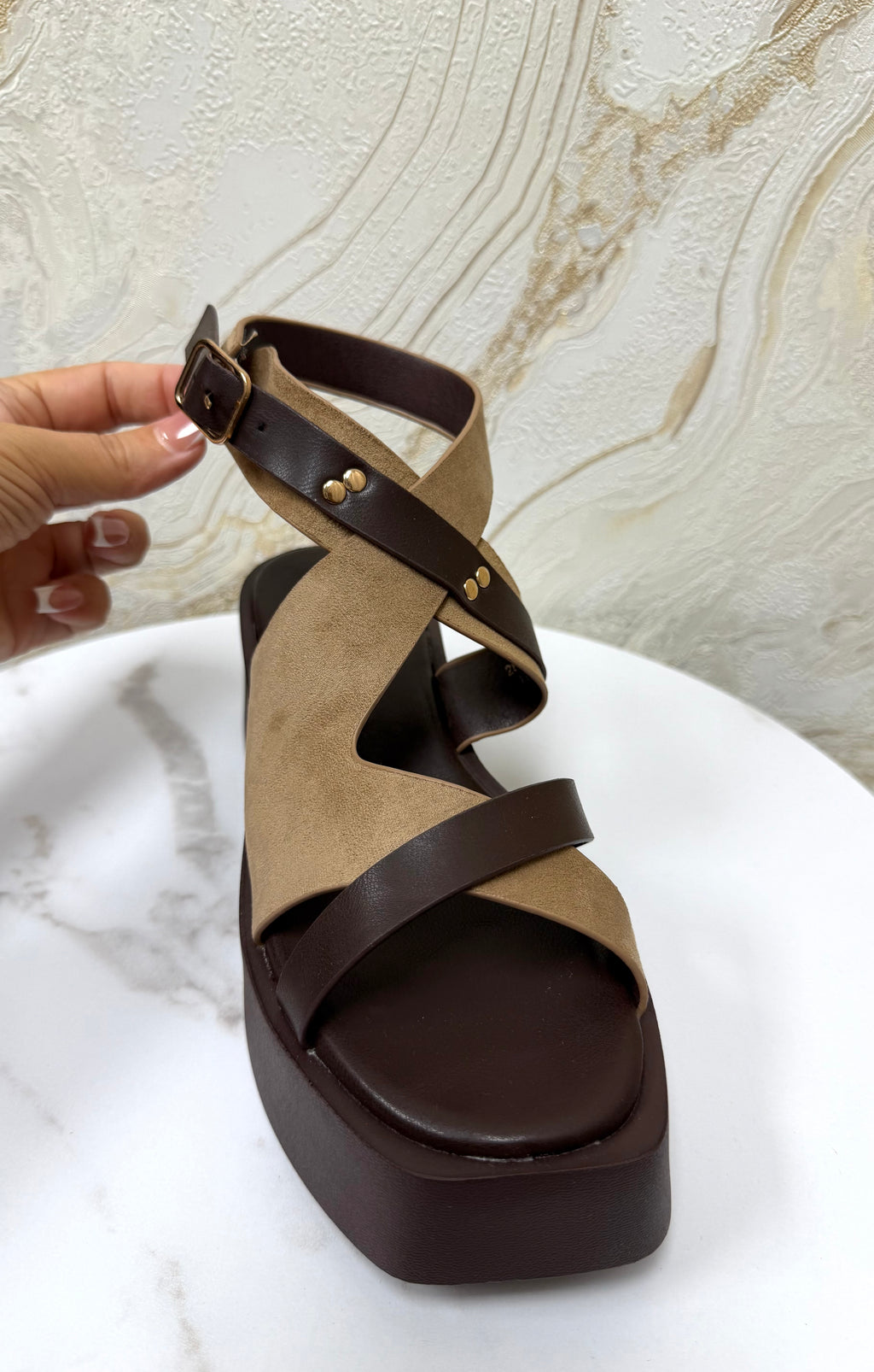 Faux Suede Strappy Flatform Wedge Sandals - Taupe & Brown