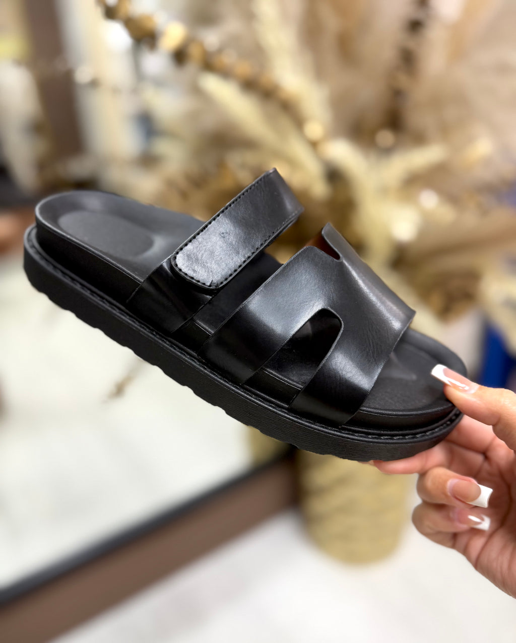 Hermes Inspired Velcro Sliders - Black