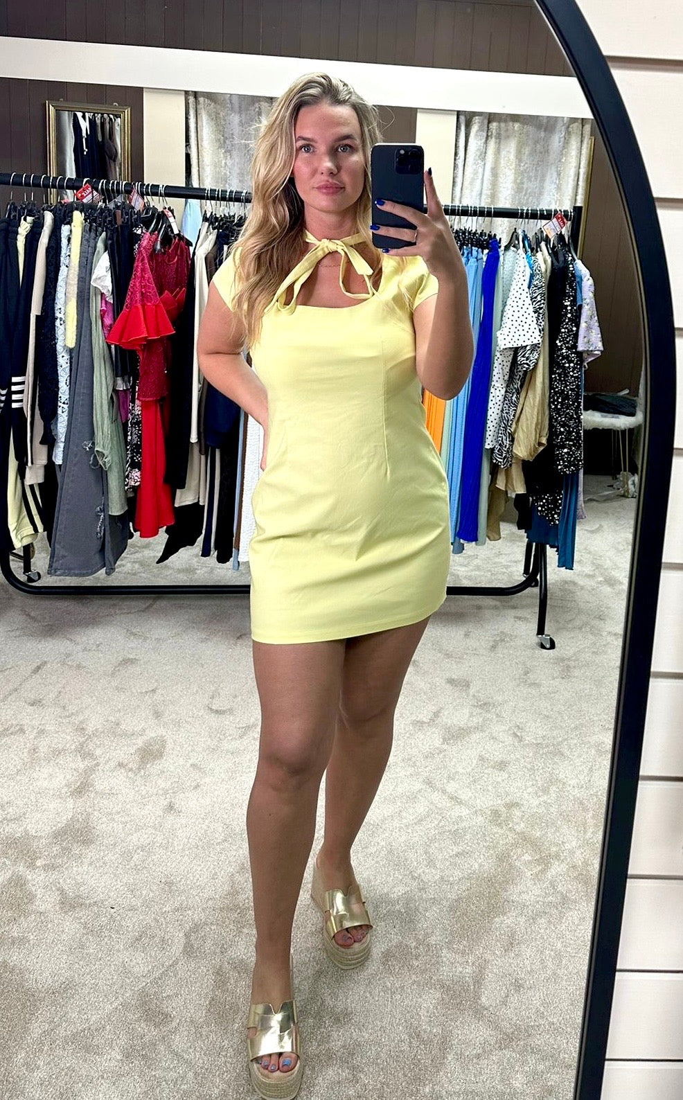 Square Neckline Tie Detail Stretchy Dress