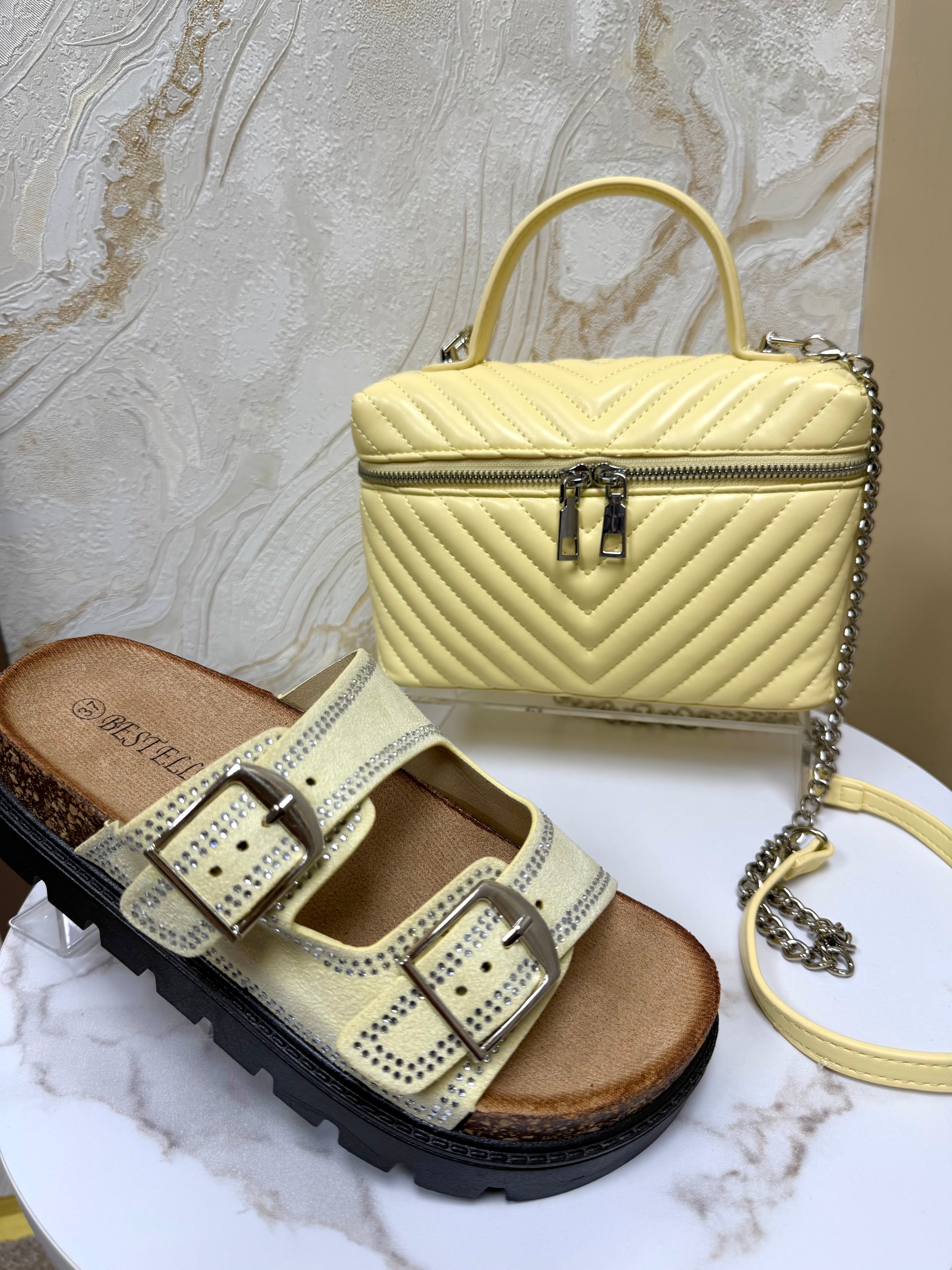 Diamanté Suede Buckle Slider - Lemon