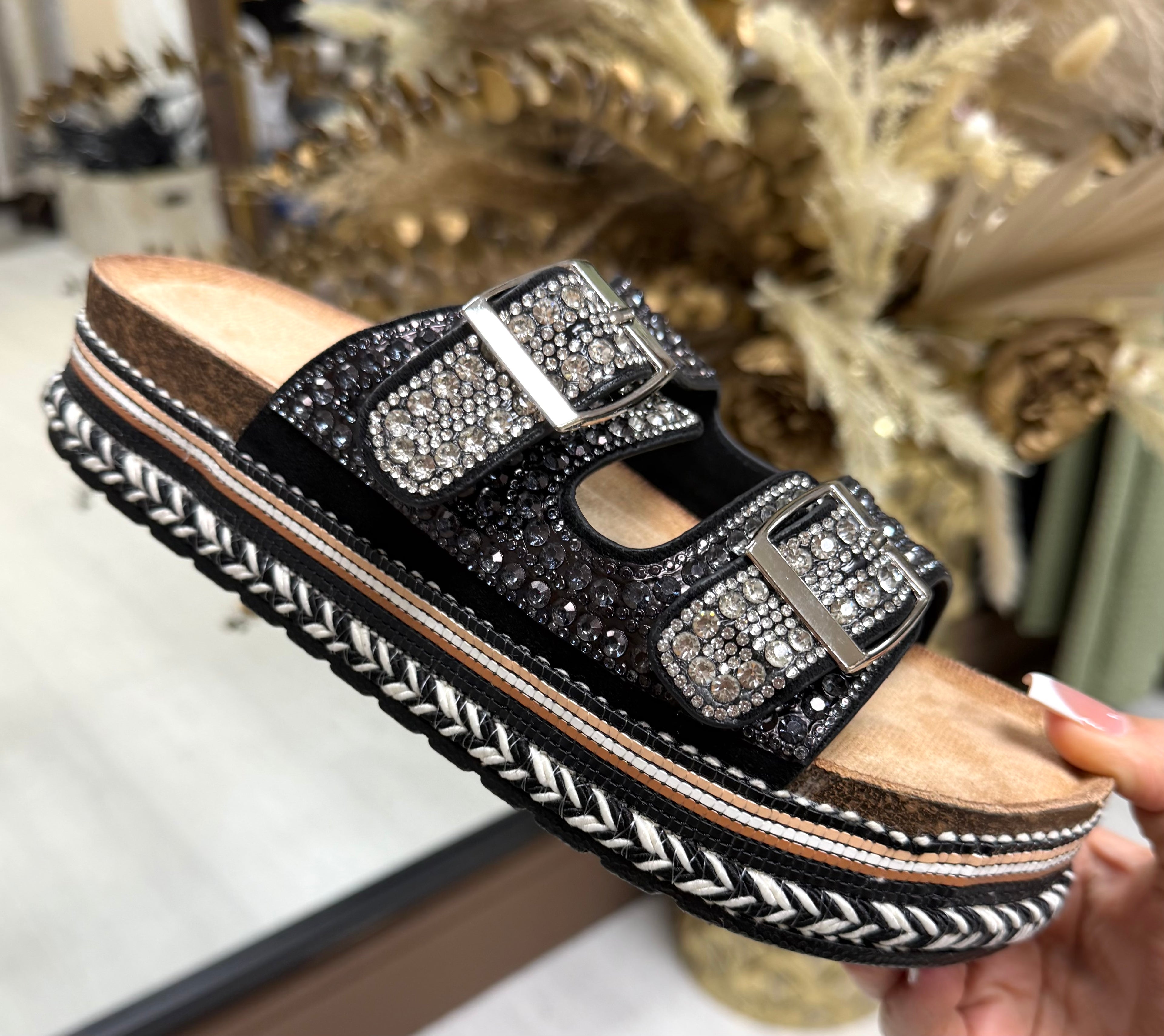 Diamanté Adjustable Buckle Platform Sliders- Black