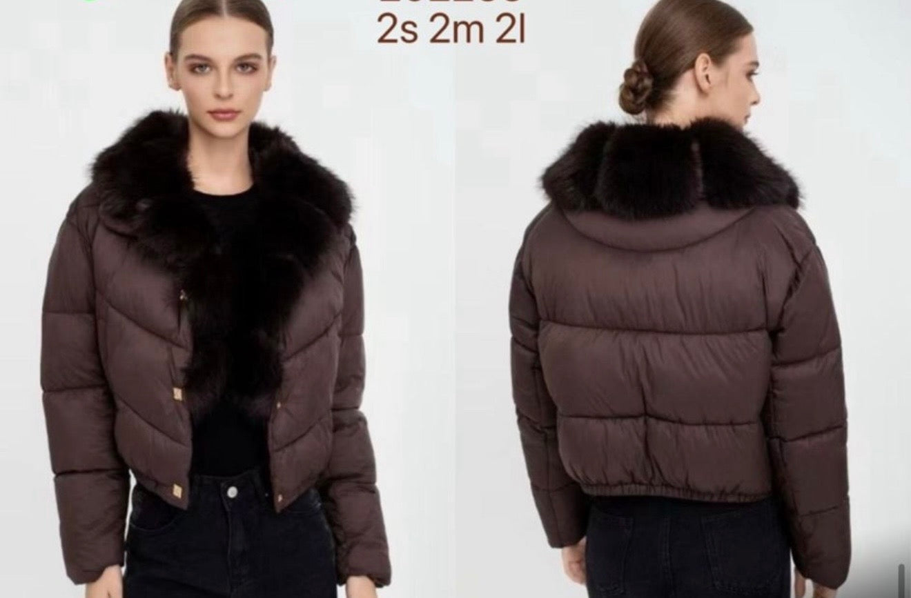 Brown Puffer Jacket with Faux Fur & Gold Button Detail