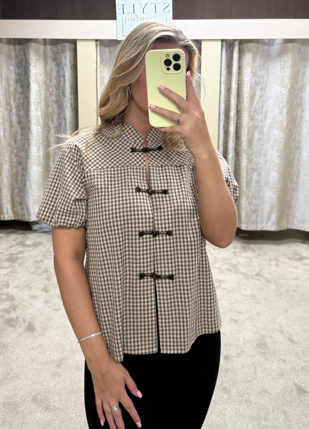 Gingham Print Puff Ball Sleeve Blouse