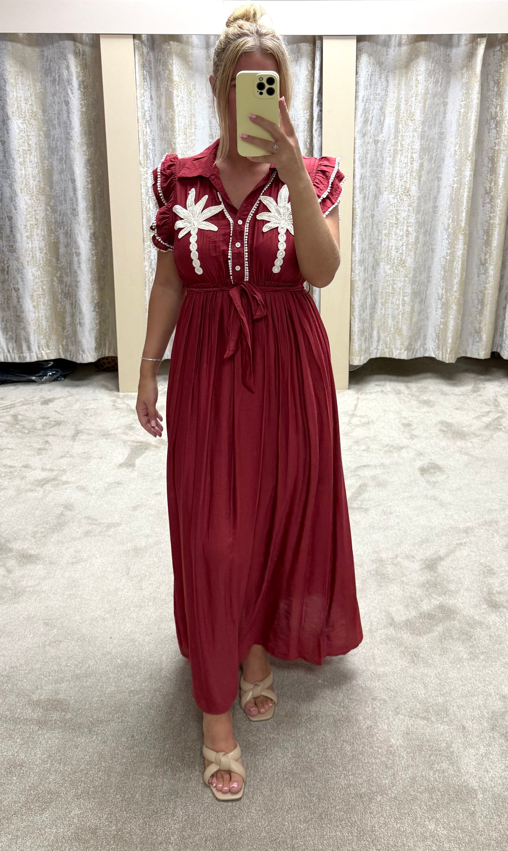 Palm Tree Embroidered Maxi Dress With Frill Detail Sleeves