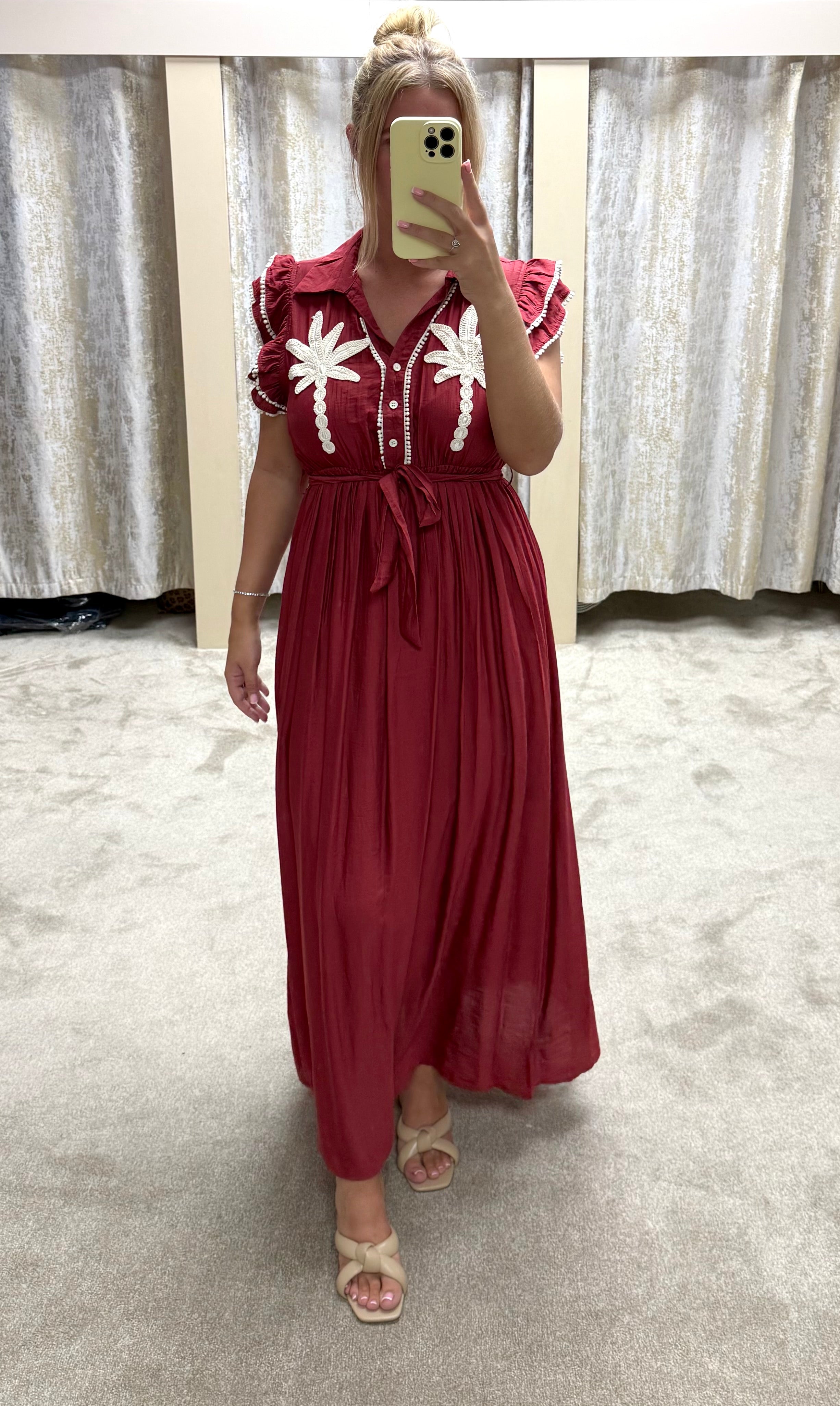 Palm Tree Embroidered Maxi Dress With Frill Detail Sleeves
