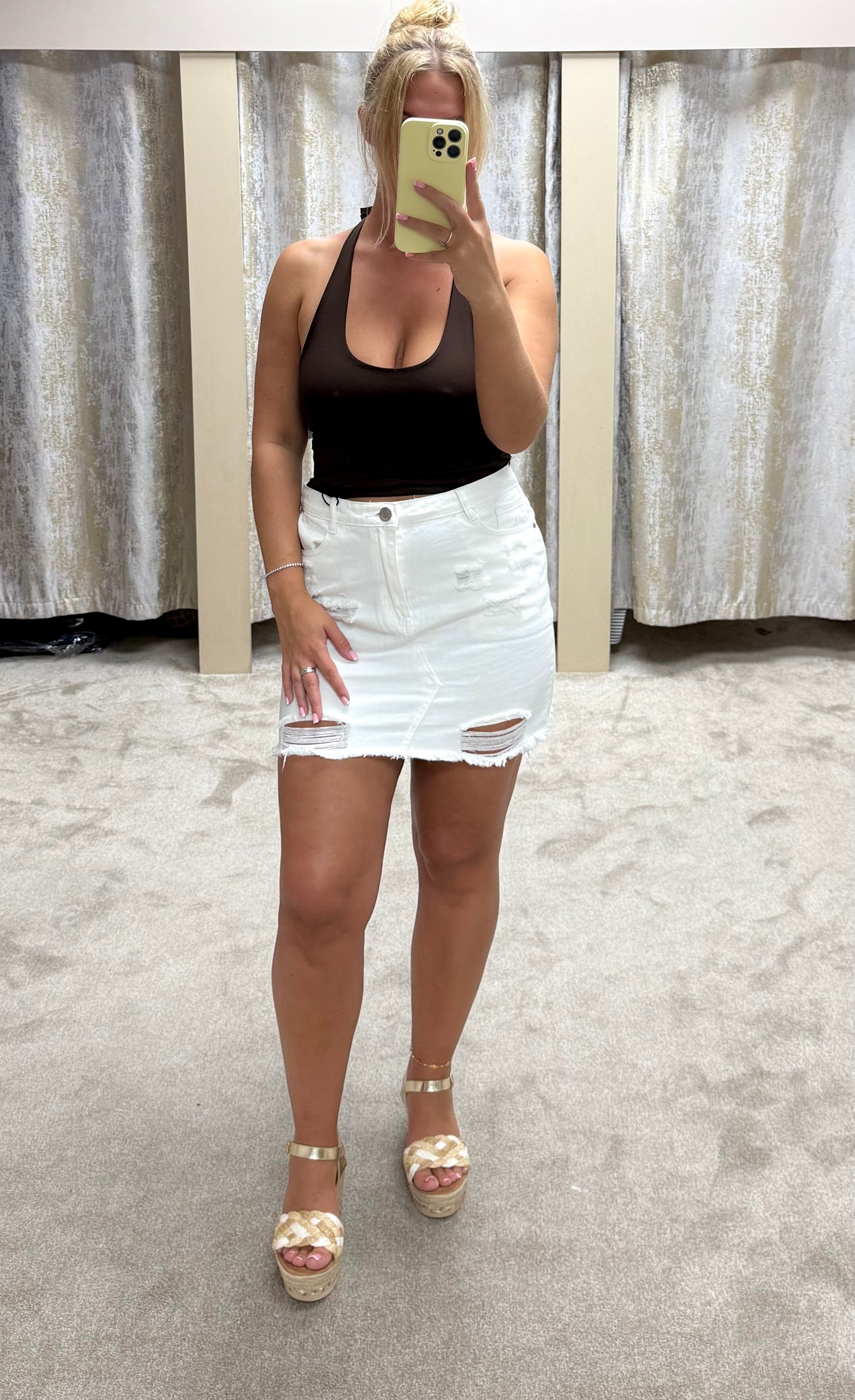 White Distressed Denim Skirt