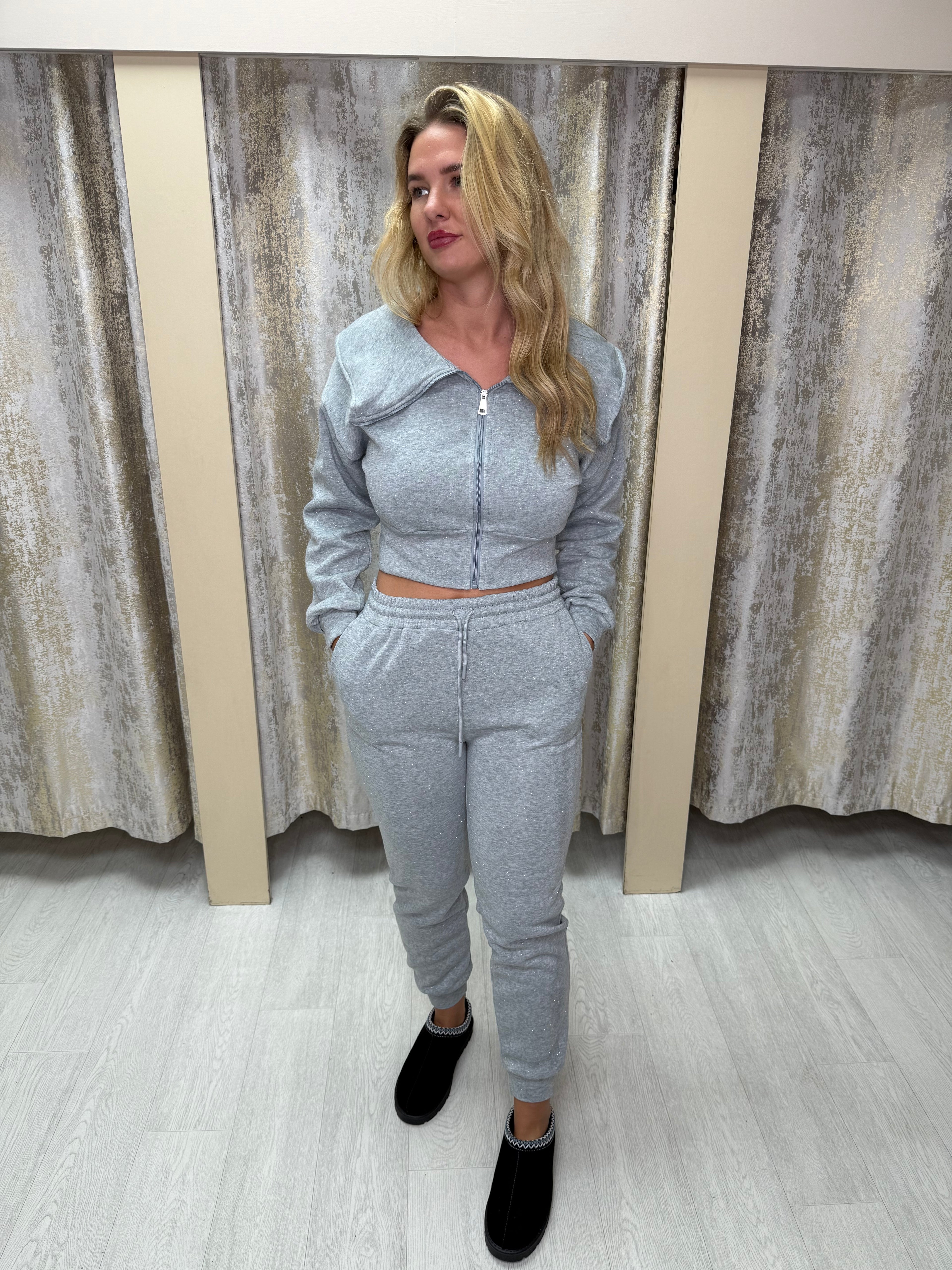 Cinched Waist & Oversized Collar Fine Glitter Cuffed Tracksuit - Dove Grey