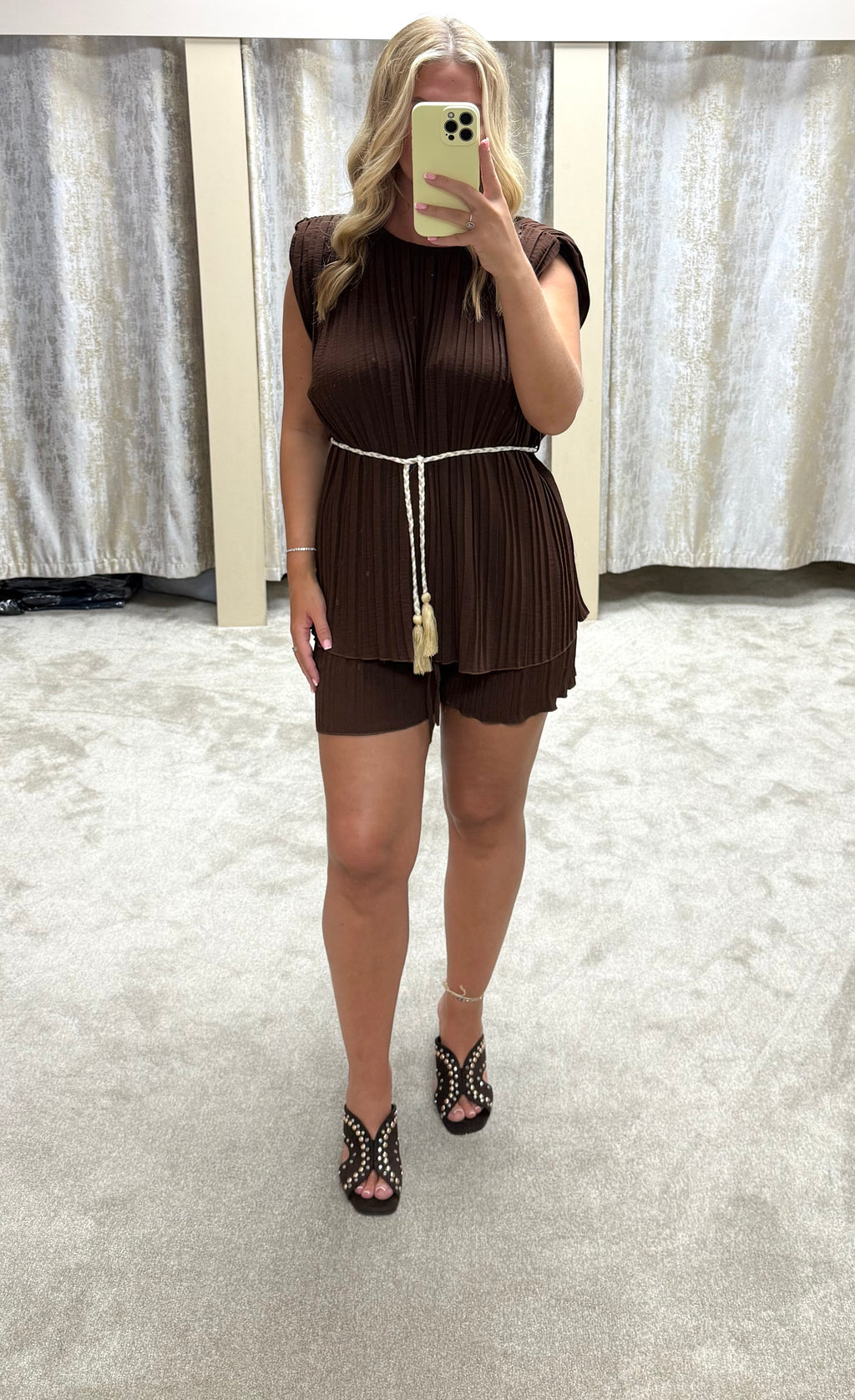 Pleated Shoulder Pad Top With Tie Waist & Short Co Ord