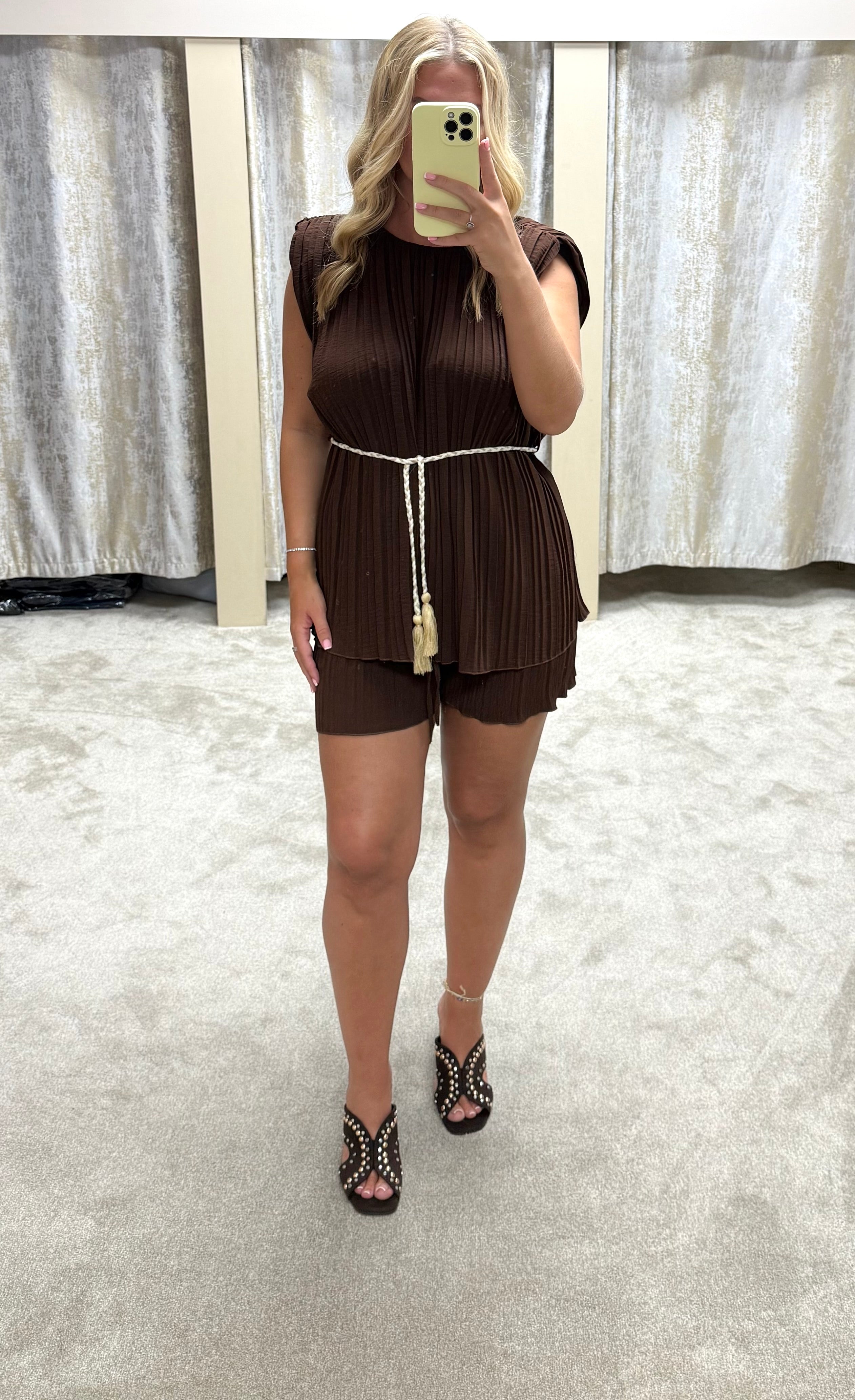Pleated Shoulder Pad Top With Tie Waist & Short Co Ord