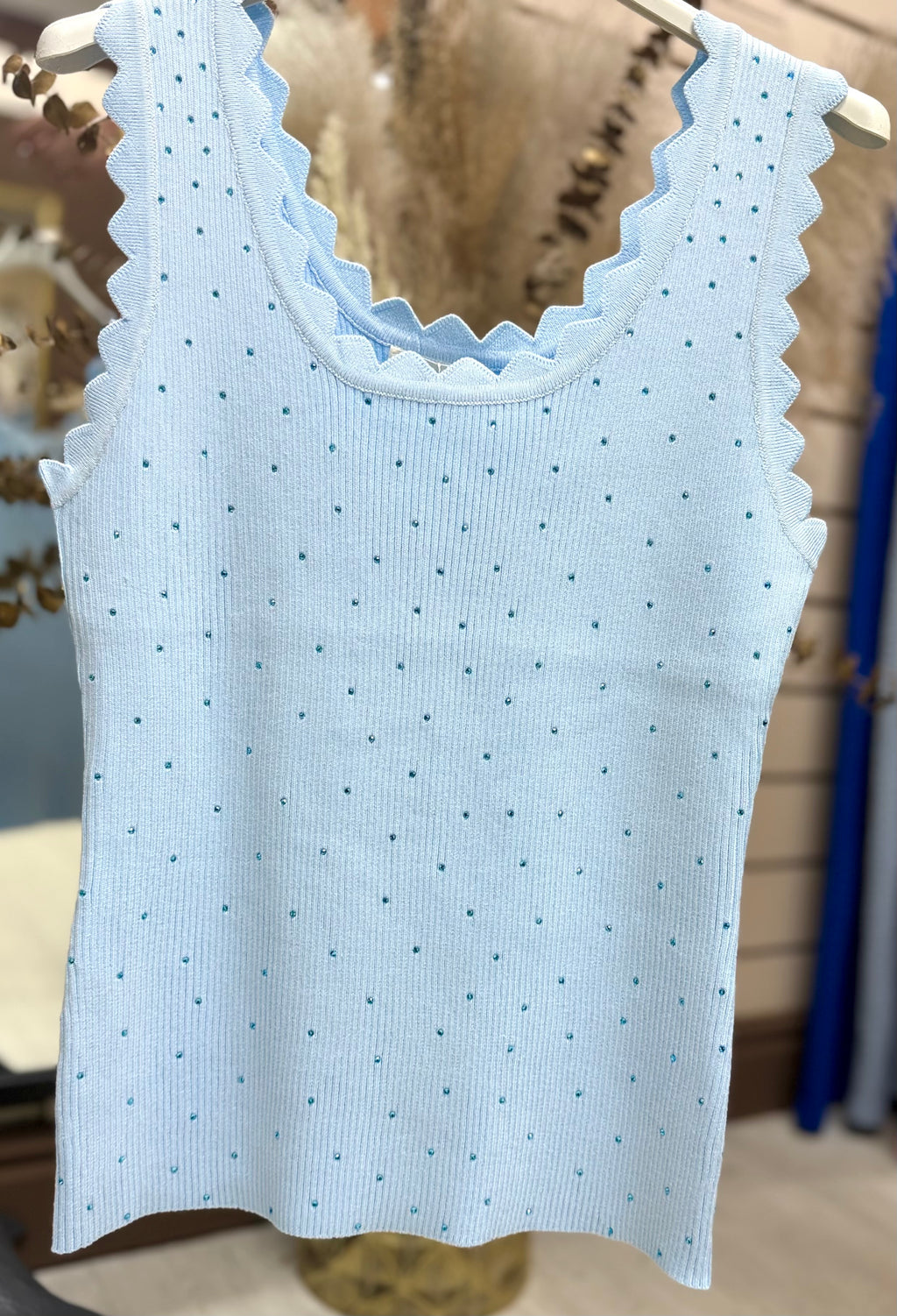 Scallop Trim Round Neck Diamanté Stretchy Vest Top