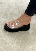 Black Comfy Transparent Wedges With Coloured Diamanté Buckle Detail