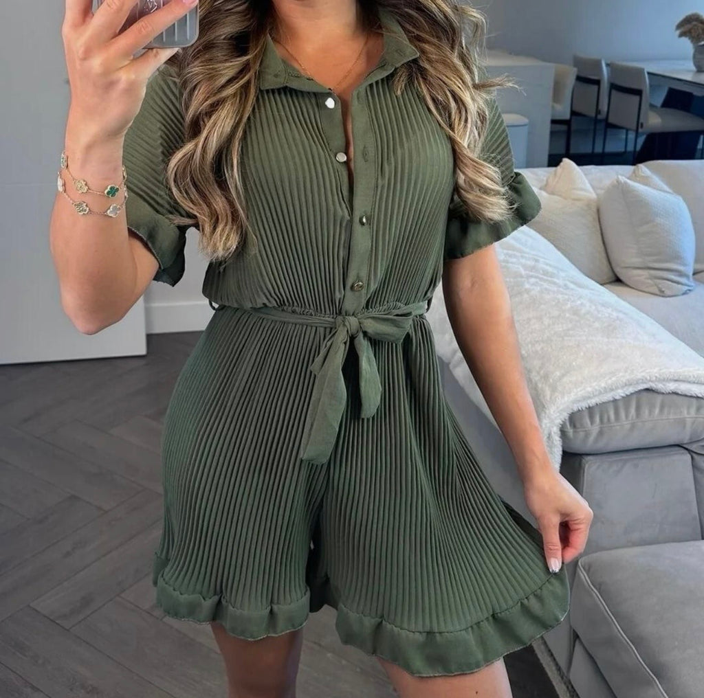 Pleated Frill Ruffle Tie Waist Playsuit