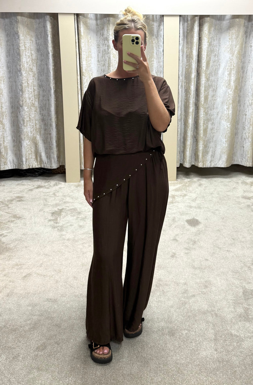 3 Piece Stud Detail Bubble Hem Top, Trousers & Scarf Co Ord