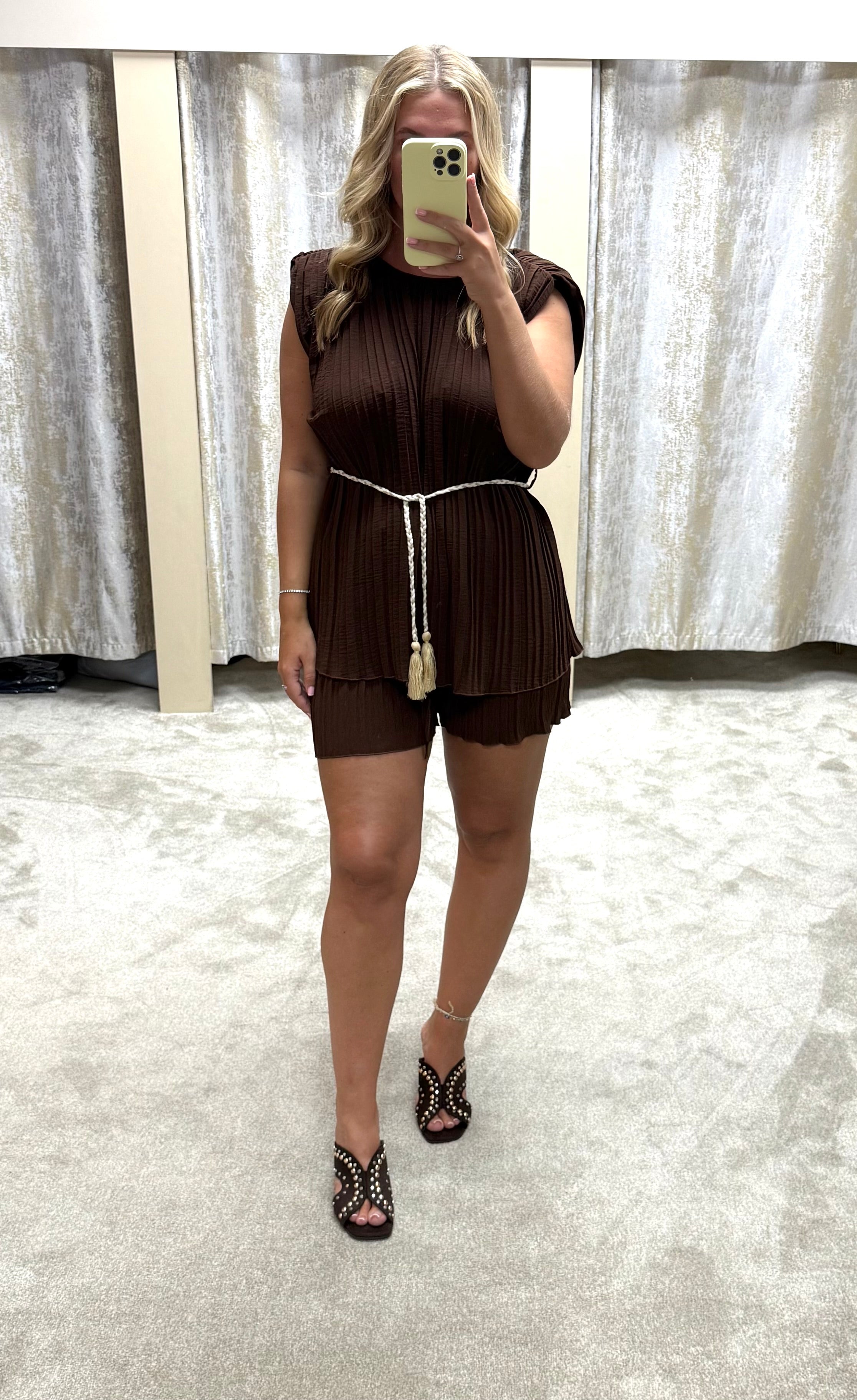 Pleated Shoulder Pad Top With Tie Waist & Short Co Ord