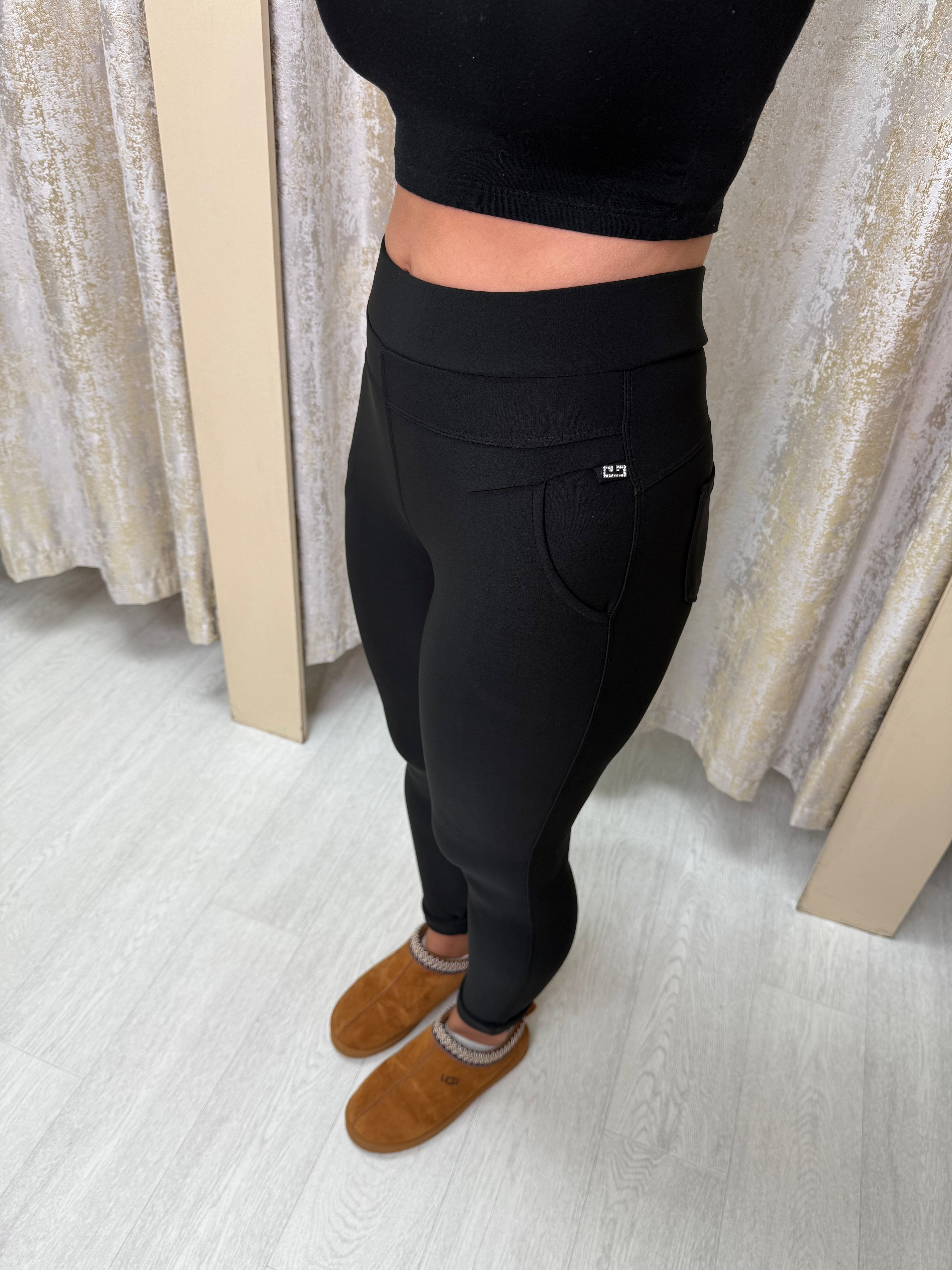 Diamanté Detail High Waisted Shaping Leggings with Pockets - Black
